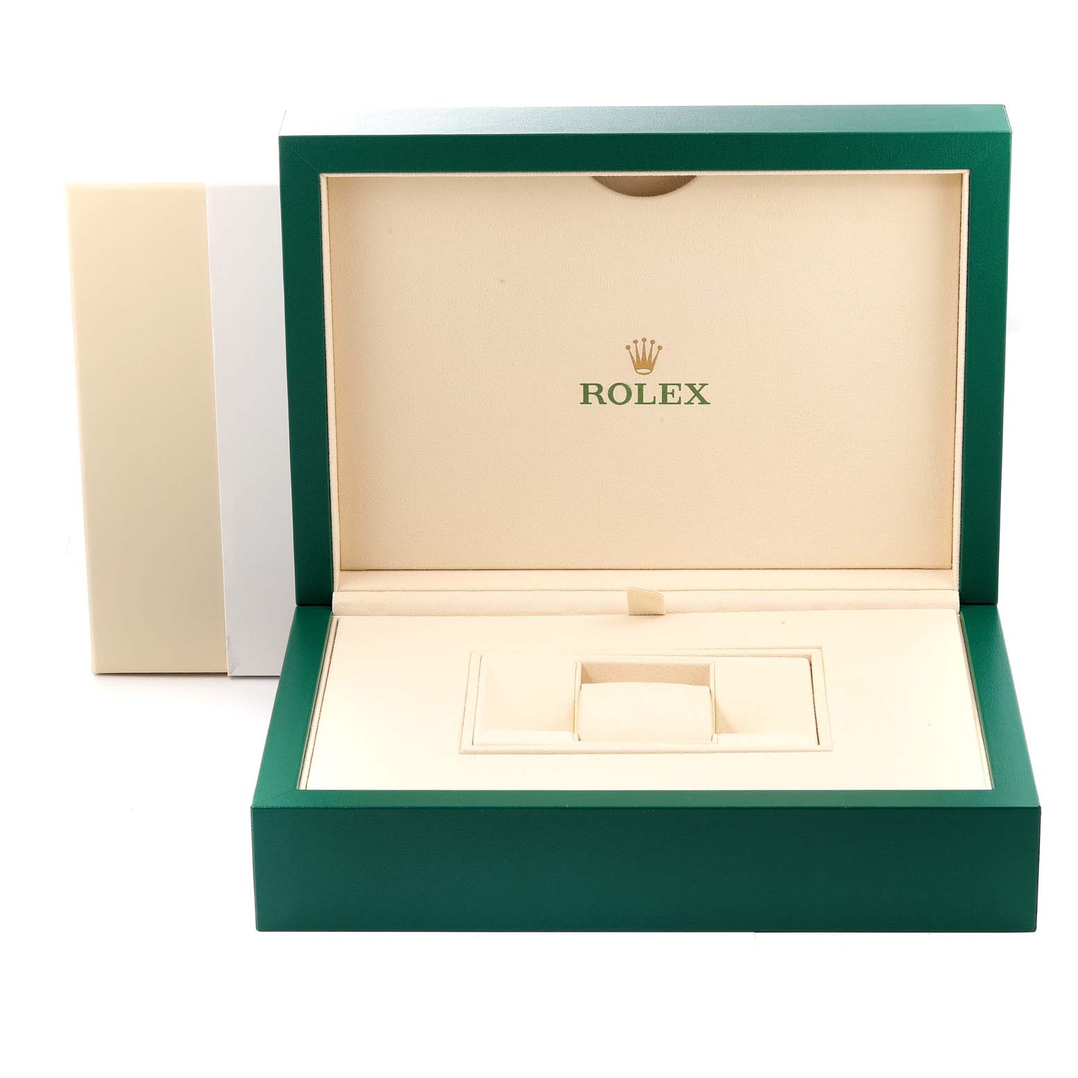 This is an empty Rolex President 218206 Men's Platinum Blue Dial 218206 Men's Platinum Blue Dial model watch box, showing the interior padding and compartment for the watch at a front angle.