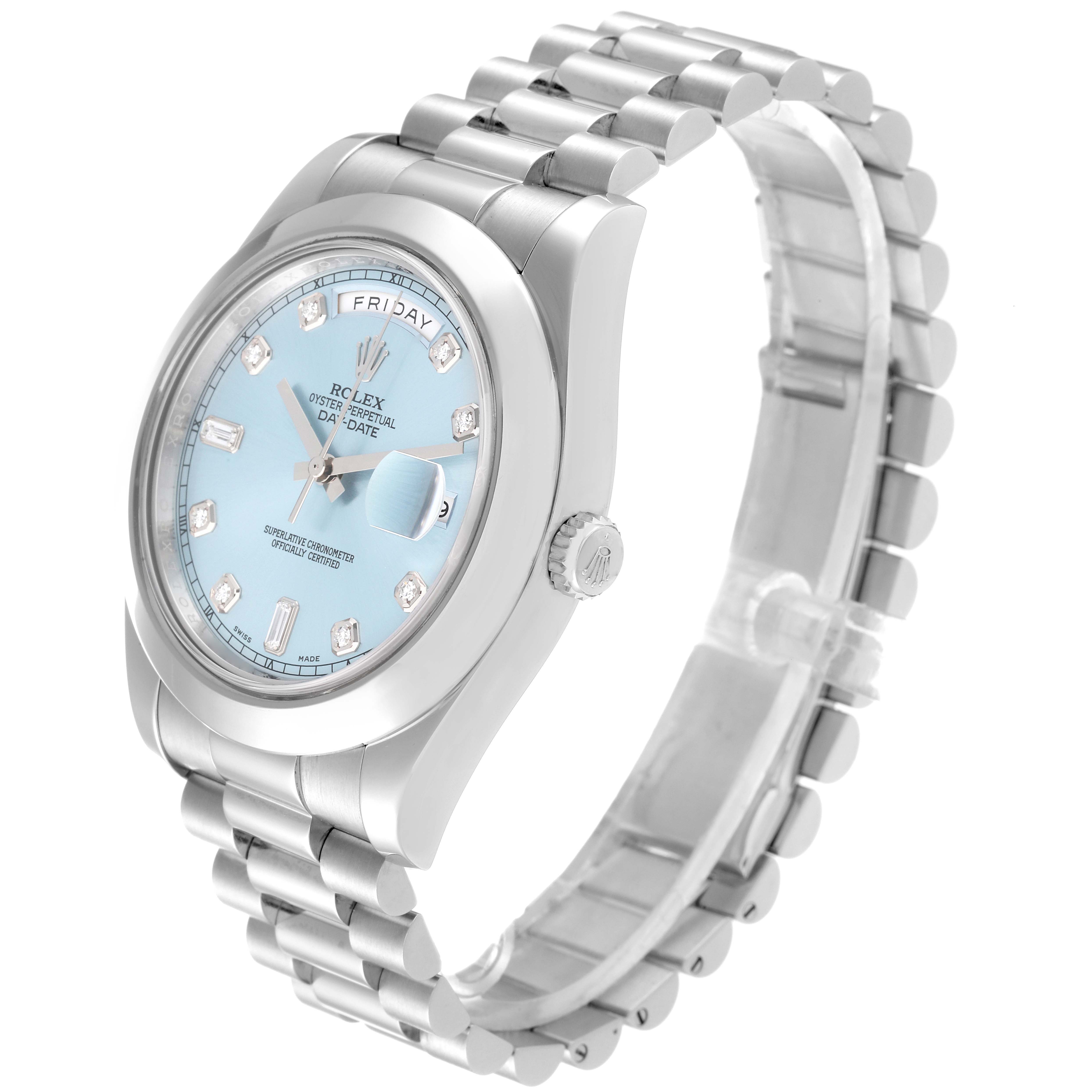 The Rolex President 218206 Men's Platinum Blue Dial 218206 Men's Platinum Blue Dial model watch is shown at a three-quarter angle, highlighting the light blue dial, bezel, case, crown, and bracelet.