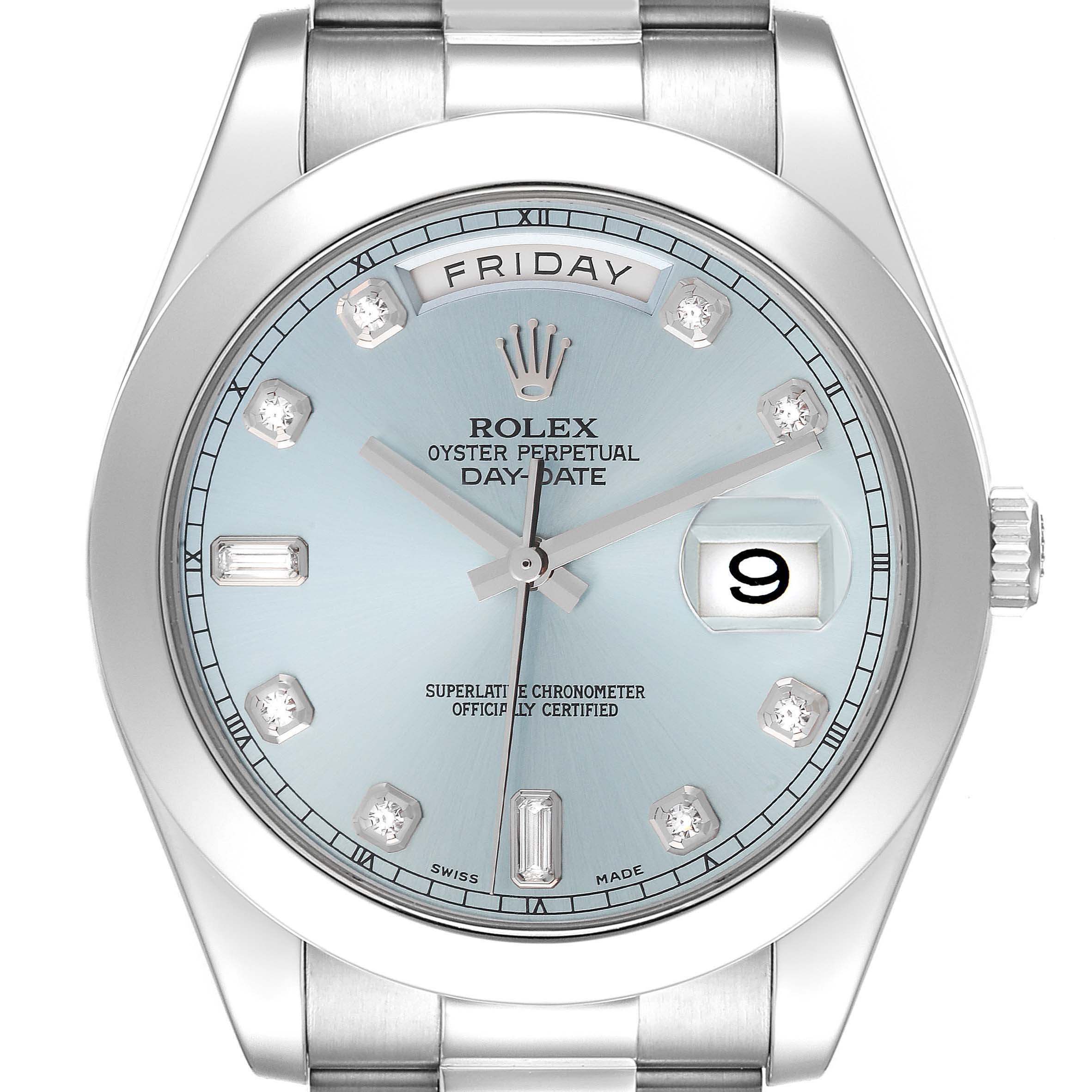 This image shows a frontal view of the Rolex President 218206 Men's Platinum Blue Dial 218206 Men's Platinum Blue Dial Day-Date watch, highlighting the dial and bracelet.