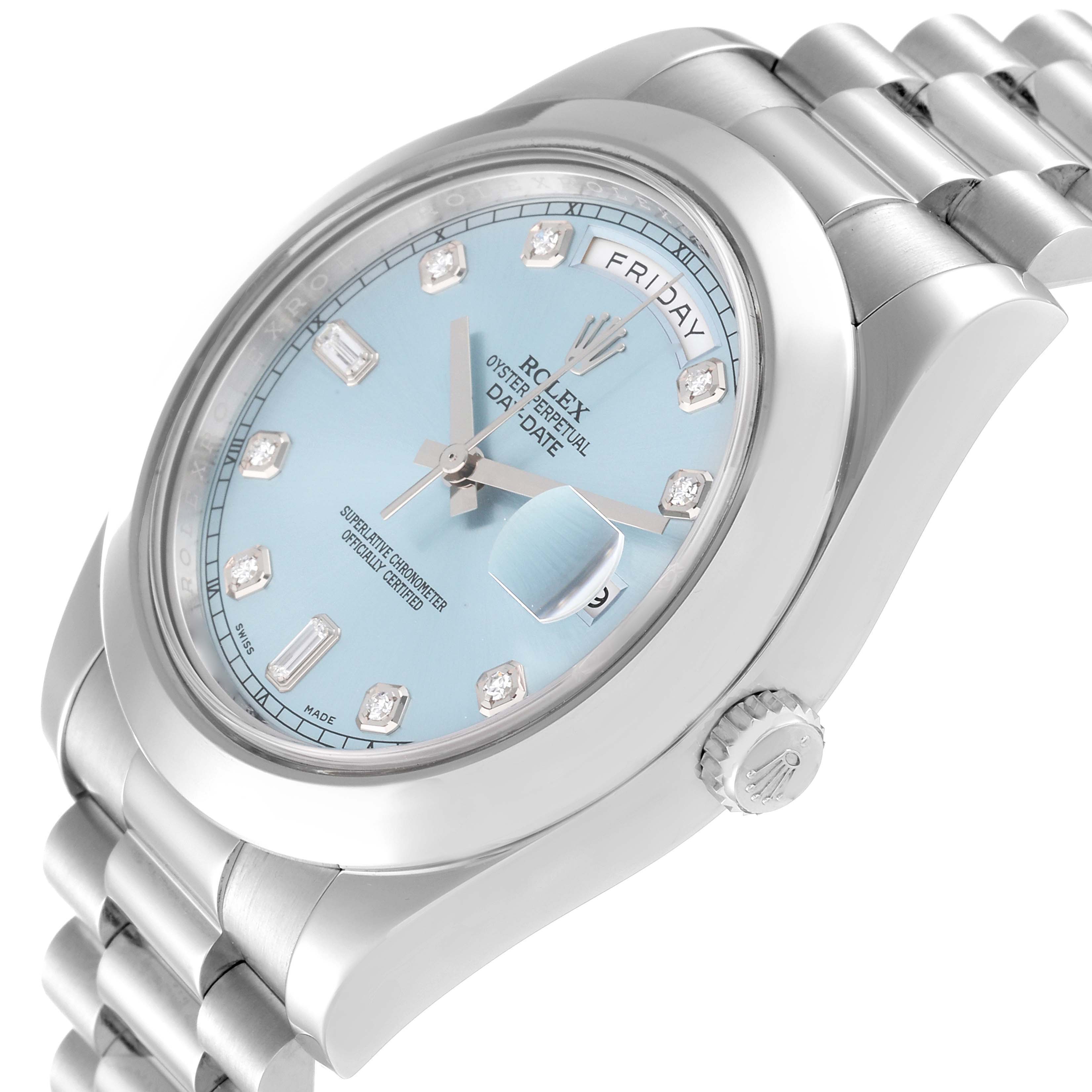 The watch image shows a side-angle view of the Rolex President 218206 Men's Platinum Blue Dial 218206 Men's Platinum Blue Dial model, displaying its dial, bezel, crown, and part of the bracelet.