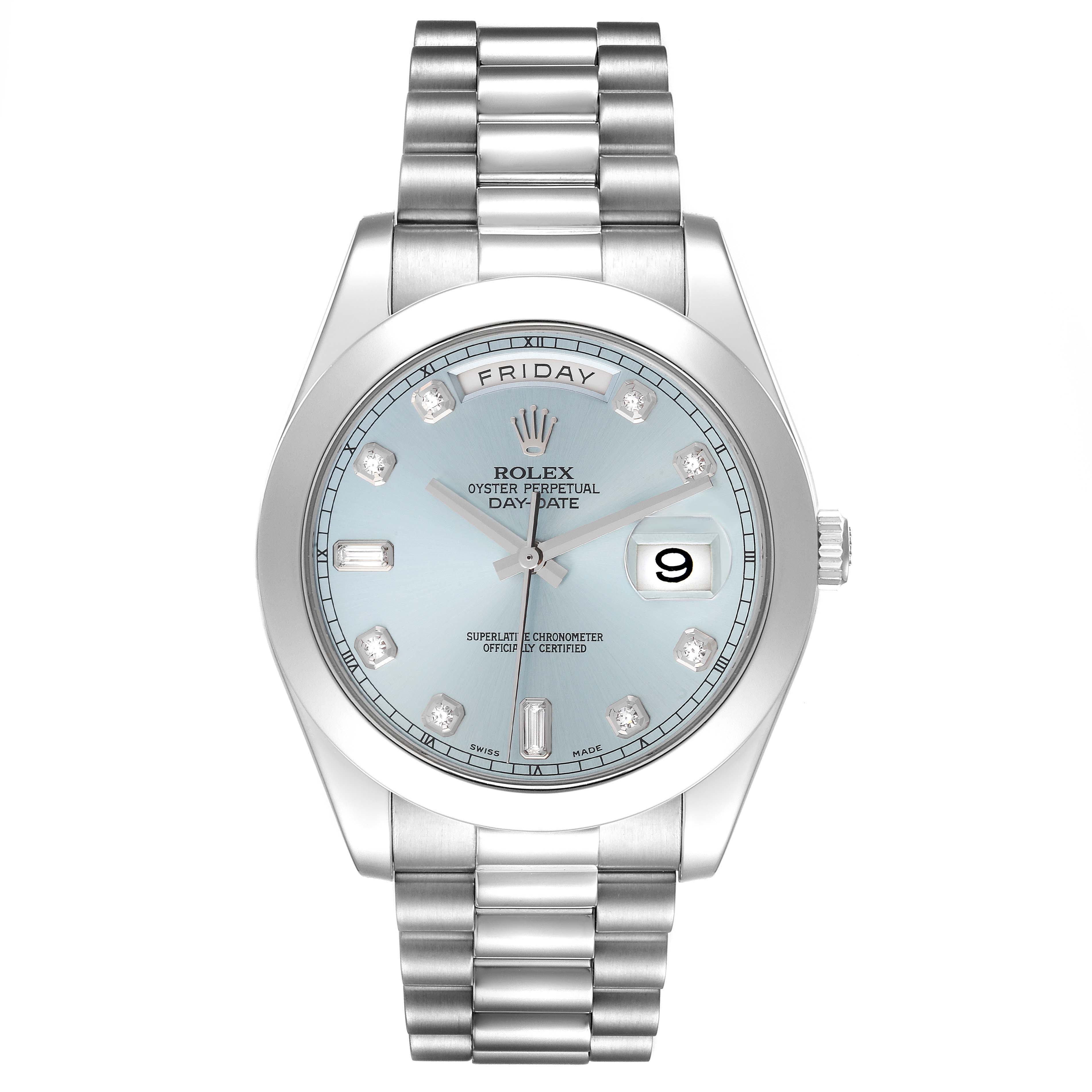 The image shows a front view of a Rolex President 218206 Men's Platinum Blue Dial 218206 Men's Platinum Blue Dial model watch, displaying its face, bezel, bracelet, and crown.