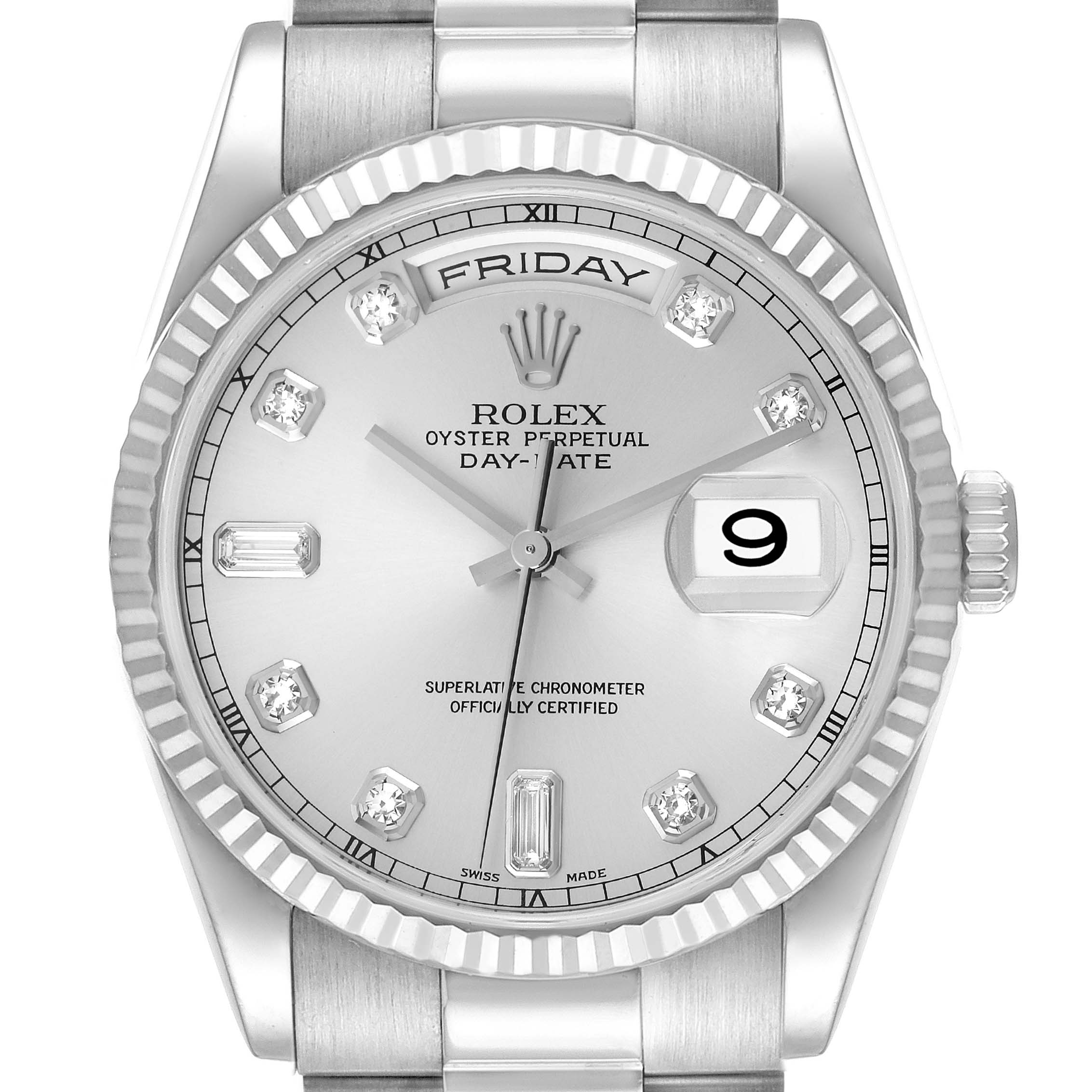 This image shows a frontal view of the Rolex President 118239 Men's Stainless Steel Silver Dial 118239 Men's Stainless Steel Silver Dial Oyster Perpetual Day-Date model watch, highlighting its dial, bezel, and bracelet.