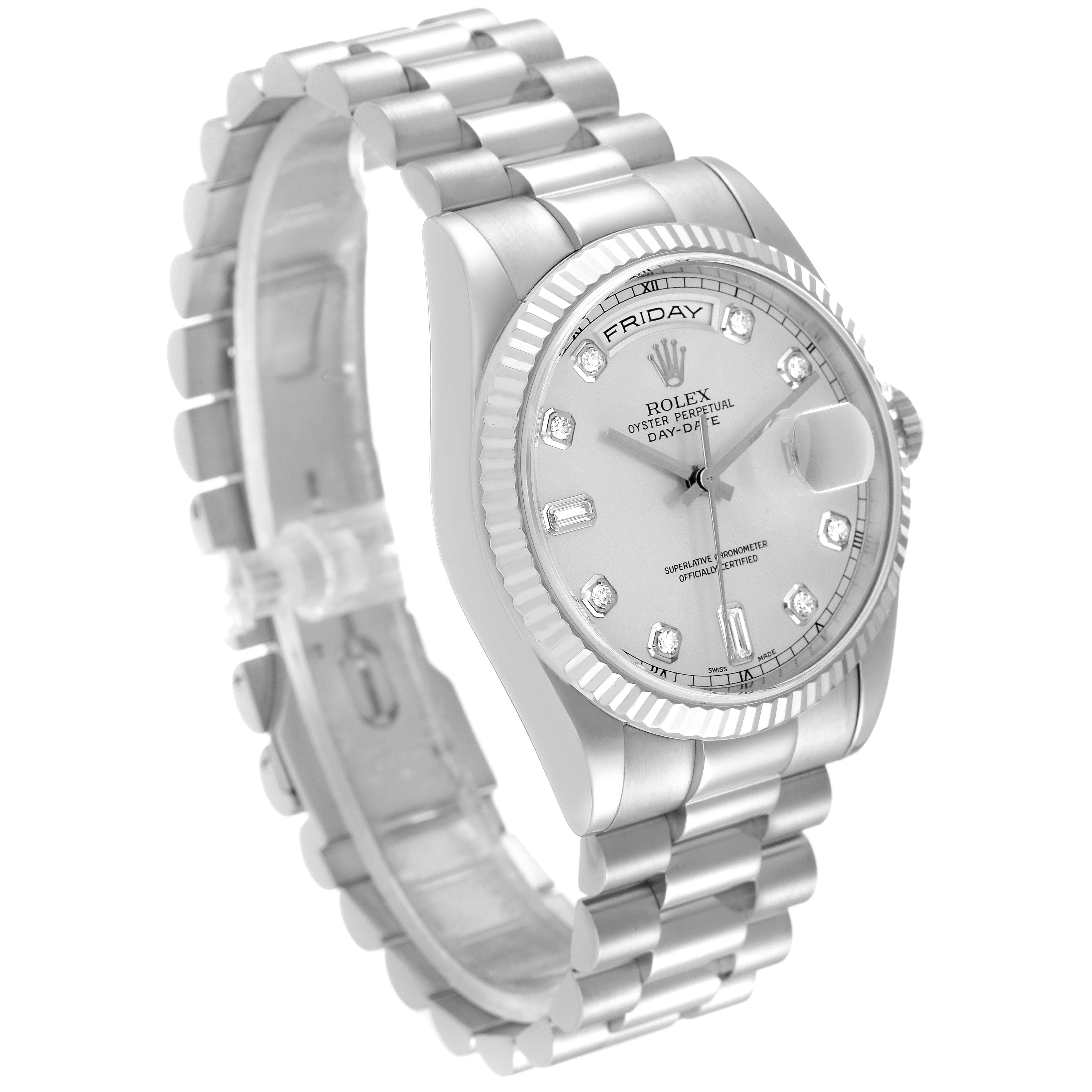 The Rolex President 118239 Men's Stainless Steel Silver Dial 118239 Men's Stainless Steel Silver Dial model watch is shown in a side angle, displaying the dial, fluted bezel, and bracelet.