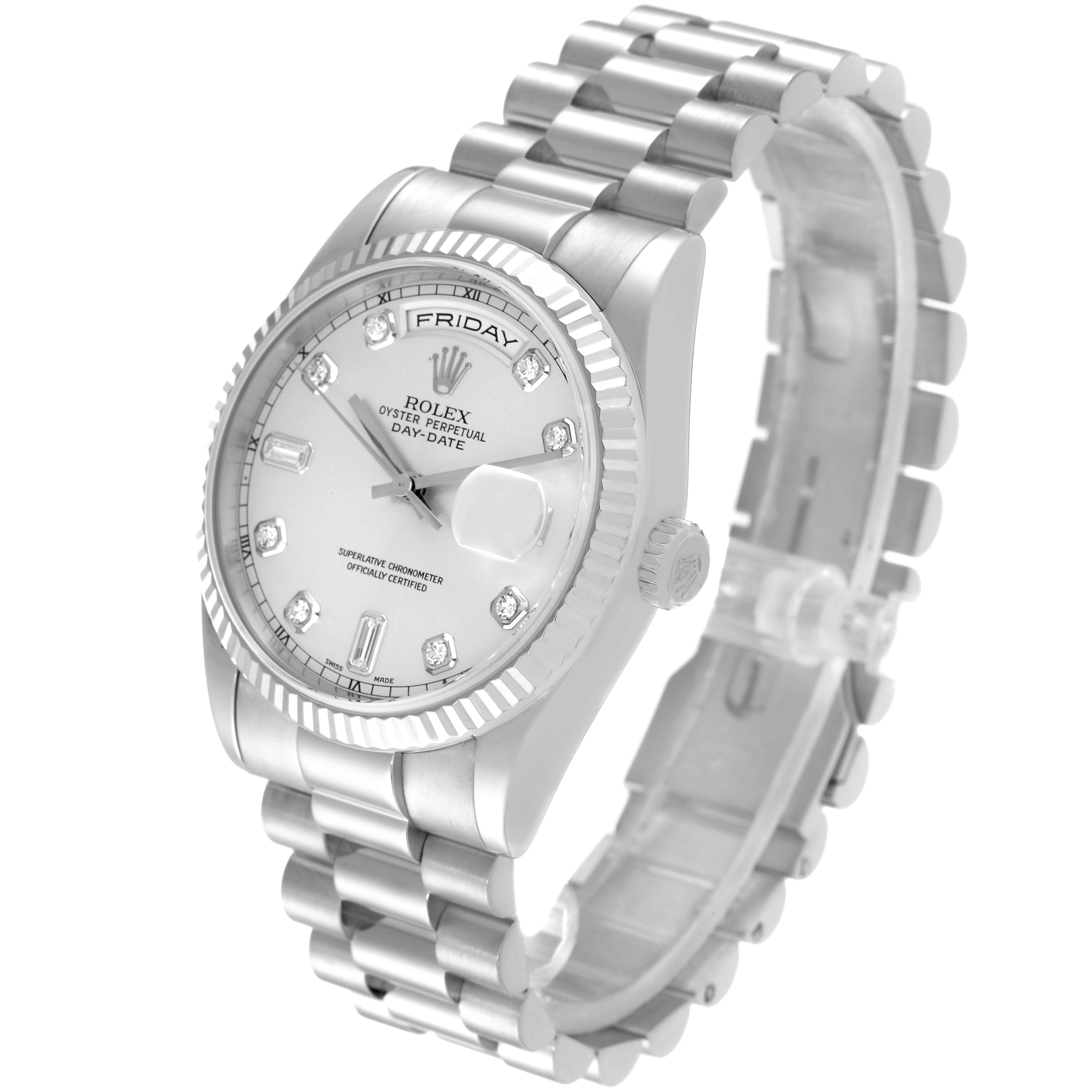 The Rolex President 118239 Men's Stainless Steel Silver Dial 118239 Men's Stainless Steel Silver Dial model watch is shown from a front-left angle, displaying the dial, bezel, crown, and bracelet.