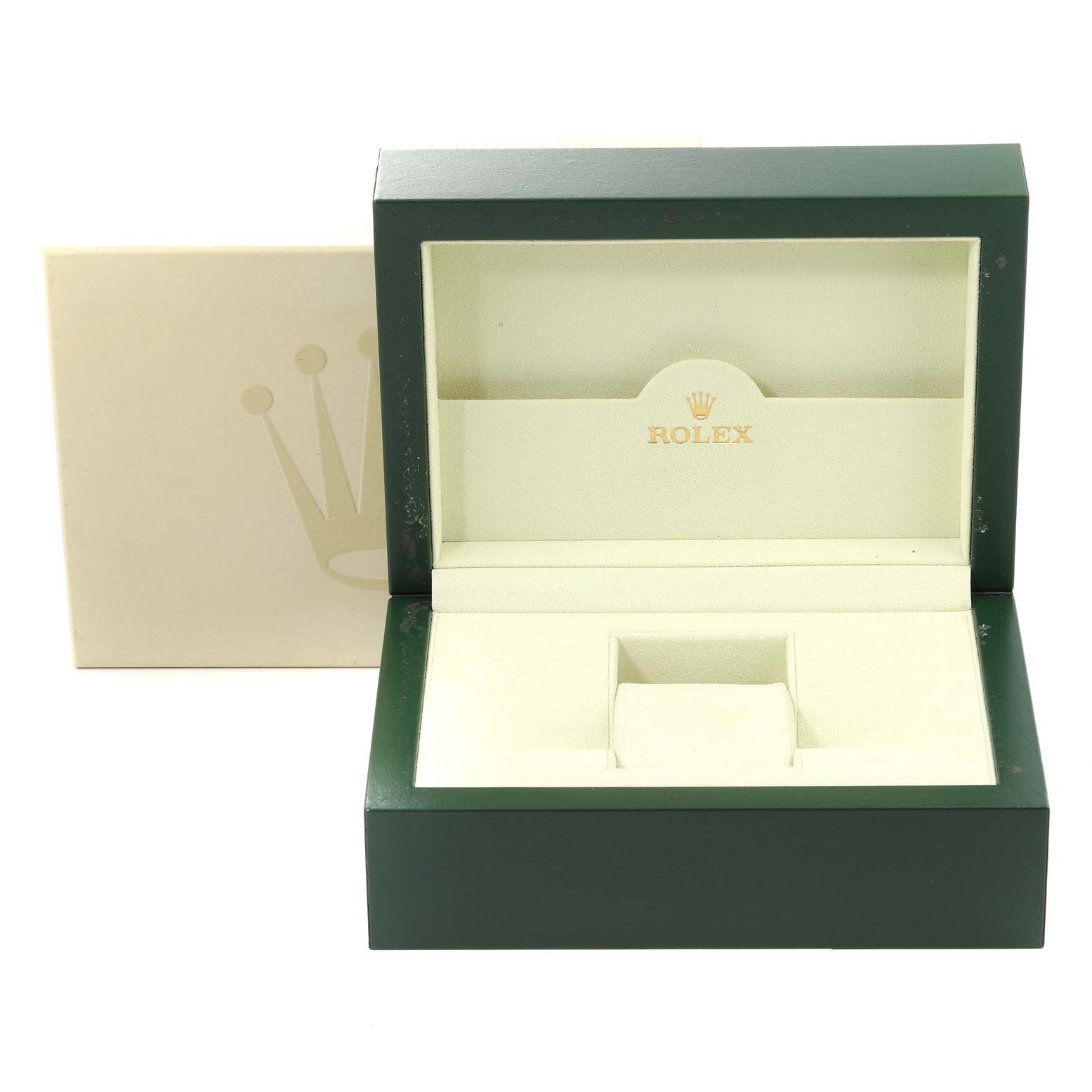 The image shows an open, empty Rolex watch box designed for a President model, with the inner cushion and outer cover visible.
