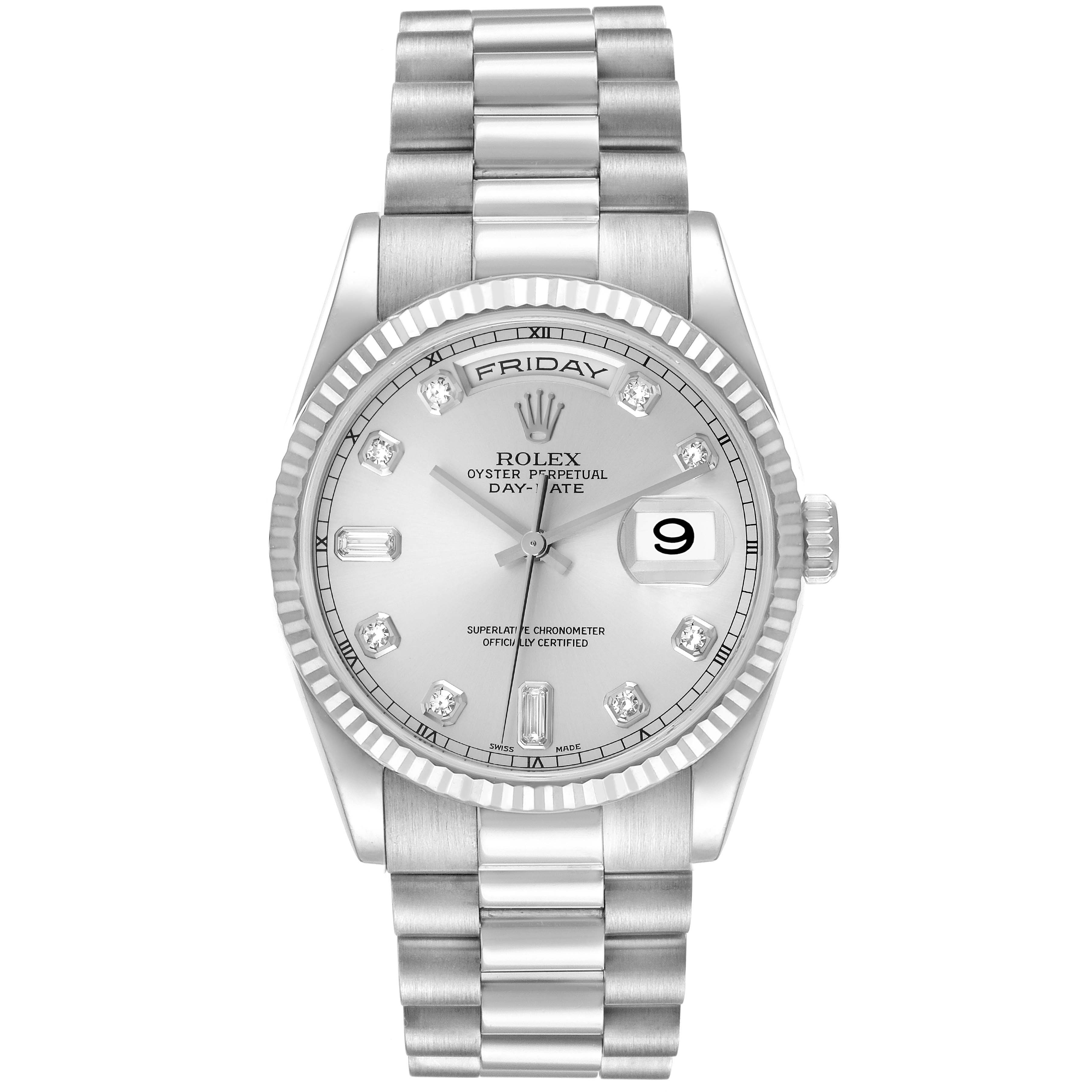 This image shows a front view of a Rolex President 118239 Men's Stainless Steel Silver Dial 118239 Men's Stainless Steel Silver Dial model watch, highlighting its face, bracelet, and fluted bezel.