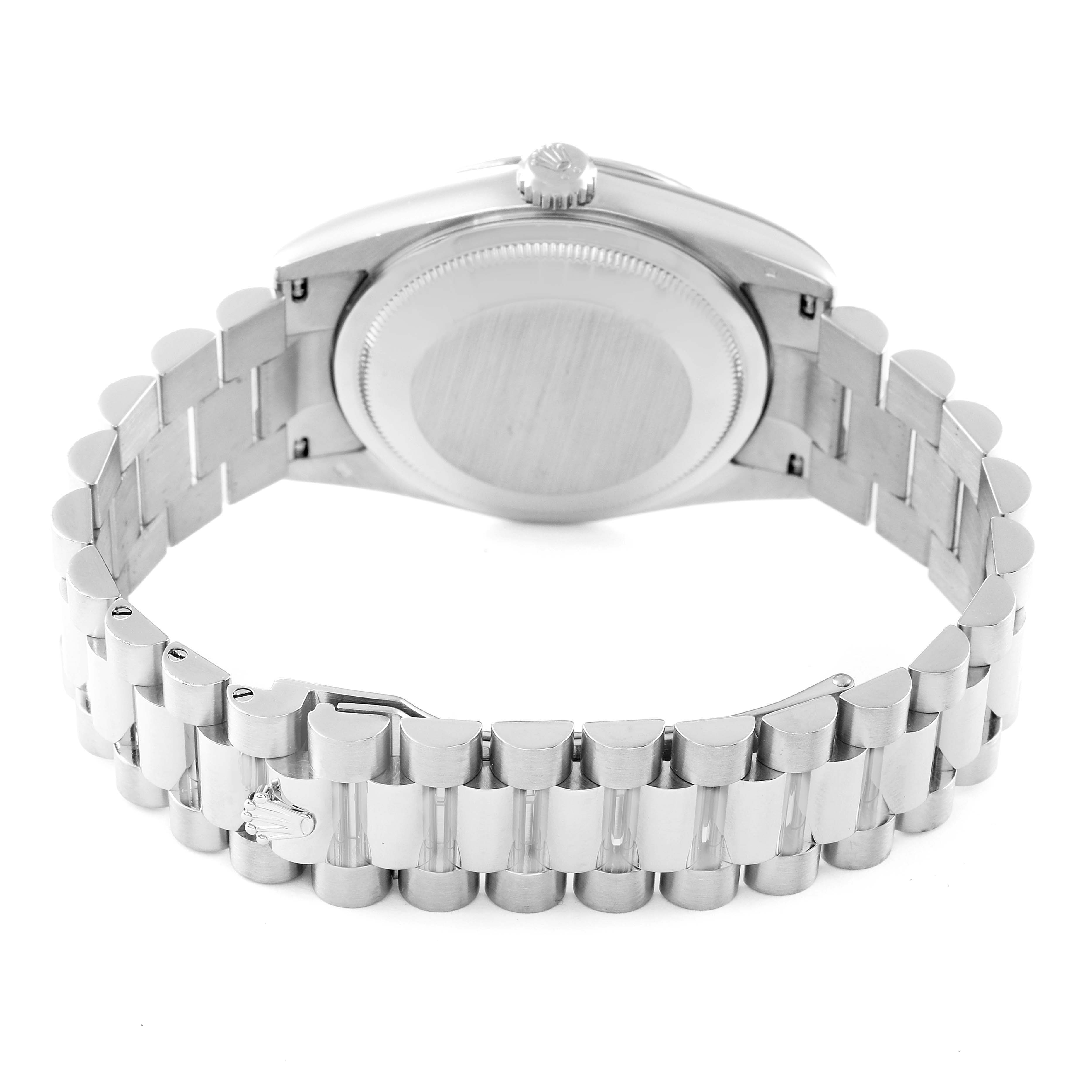 The image shows the back case and bracelet of the Rolex President 118239 Men's Stainless Steel Silver Dial 118239 Men's Stainless Steel Silver Dial model watch from a rear view angle.