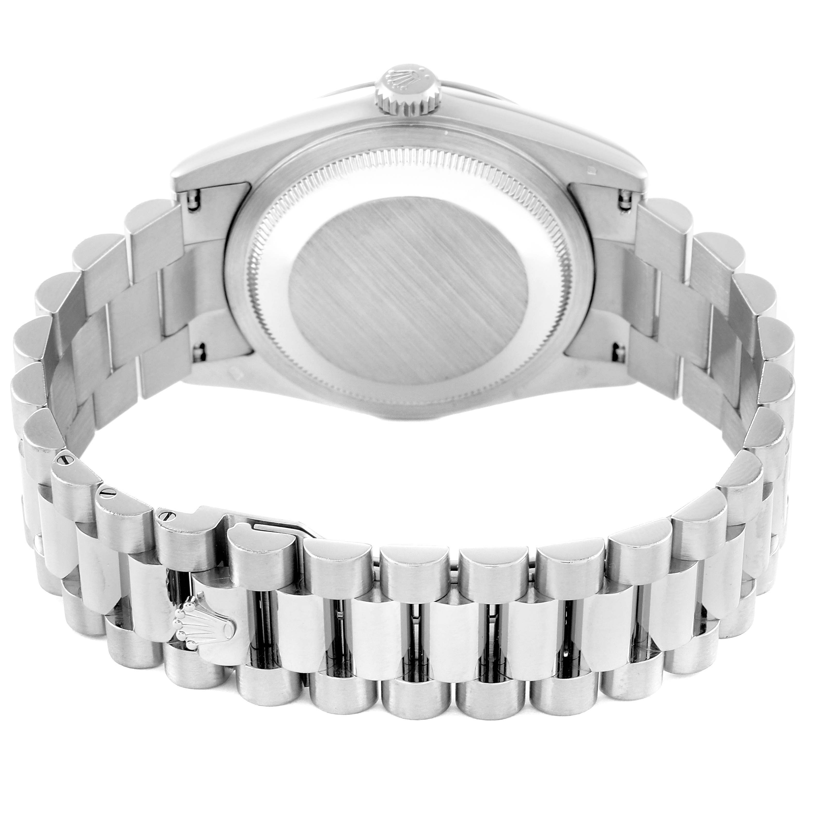 This image shows the back view of the Rolex President 118239 Men's White Gold Silver Dial 118239 Men's White Gold Silver Dial model watch, focusing on the bracelet and case back.
