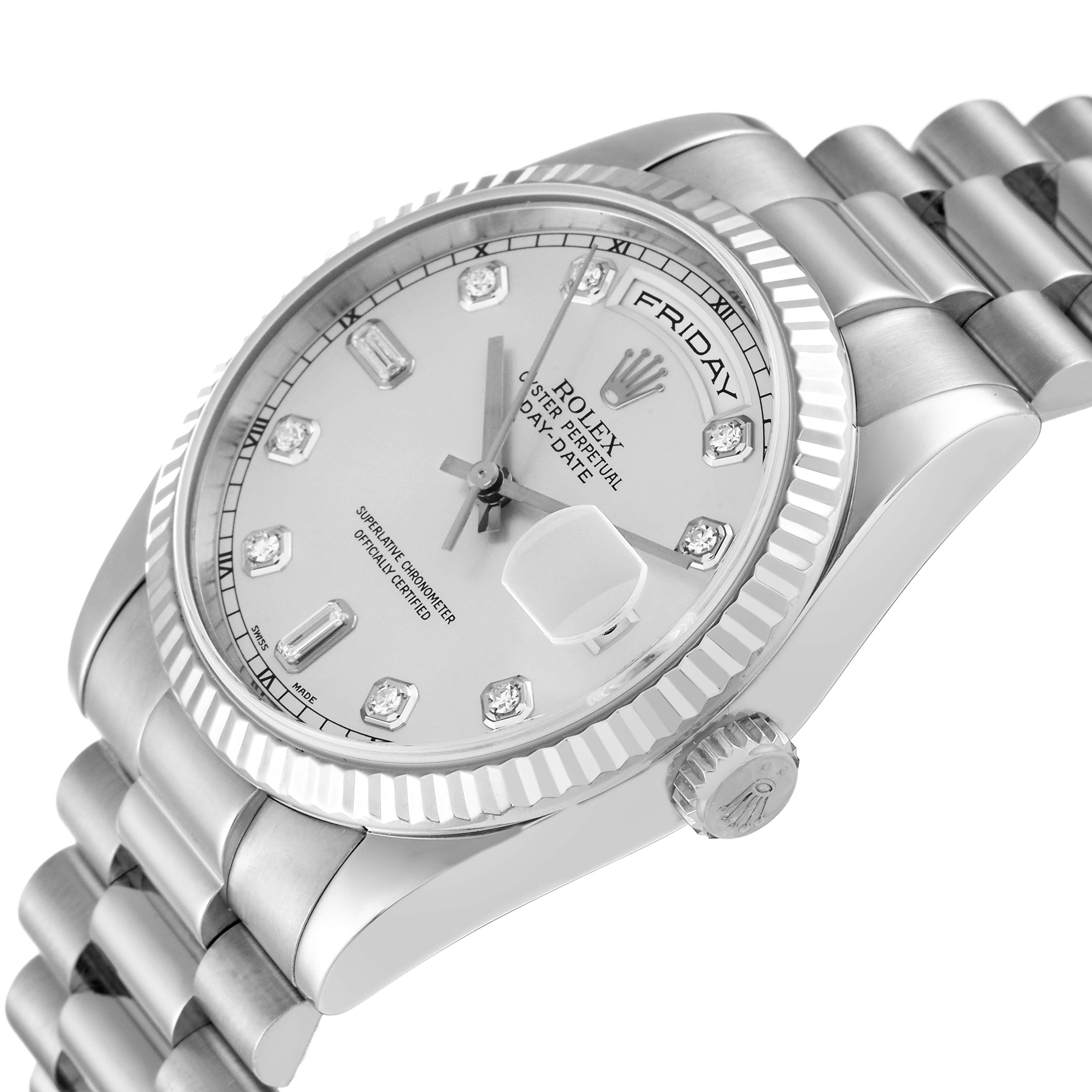 The image shows a close-up view of the Rolex President 118239 Men's White Gold Silver Dial 118239 Men's White Gold Silver Dial watch, highlighting the face, crown, and part of the bracelet.