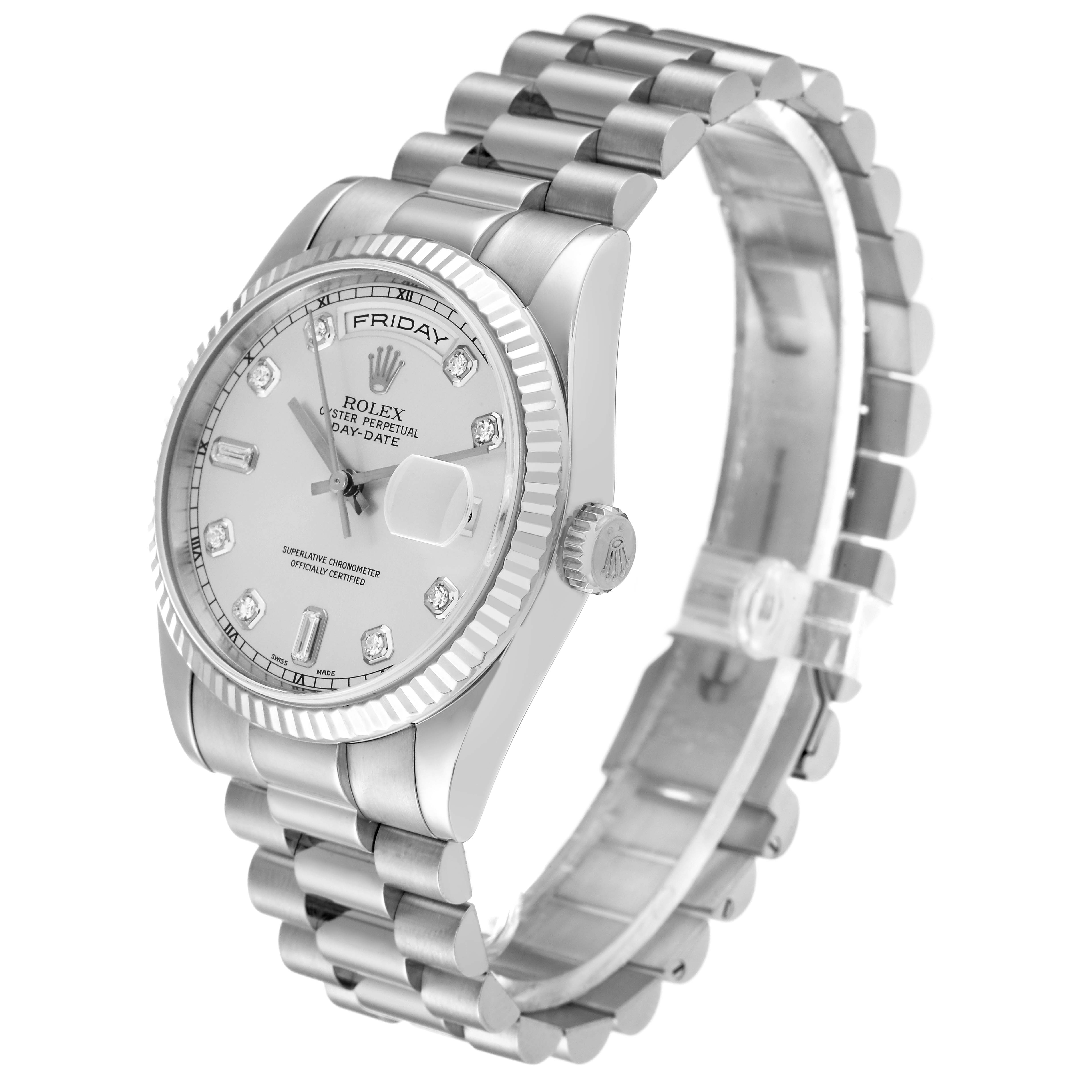 The Rolex President 118239 Men's White Gold Silver Dial 118239 Men's White Gold Silver Dial model watch is shown at a slight angle, displaying its face, bezel, bracelet, and crown.