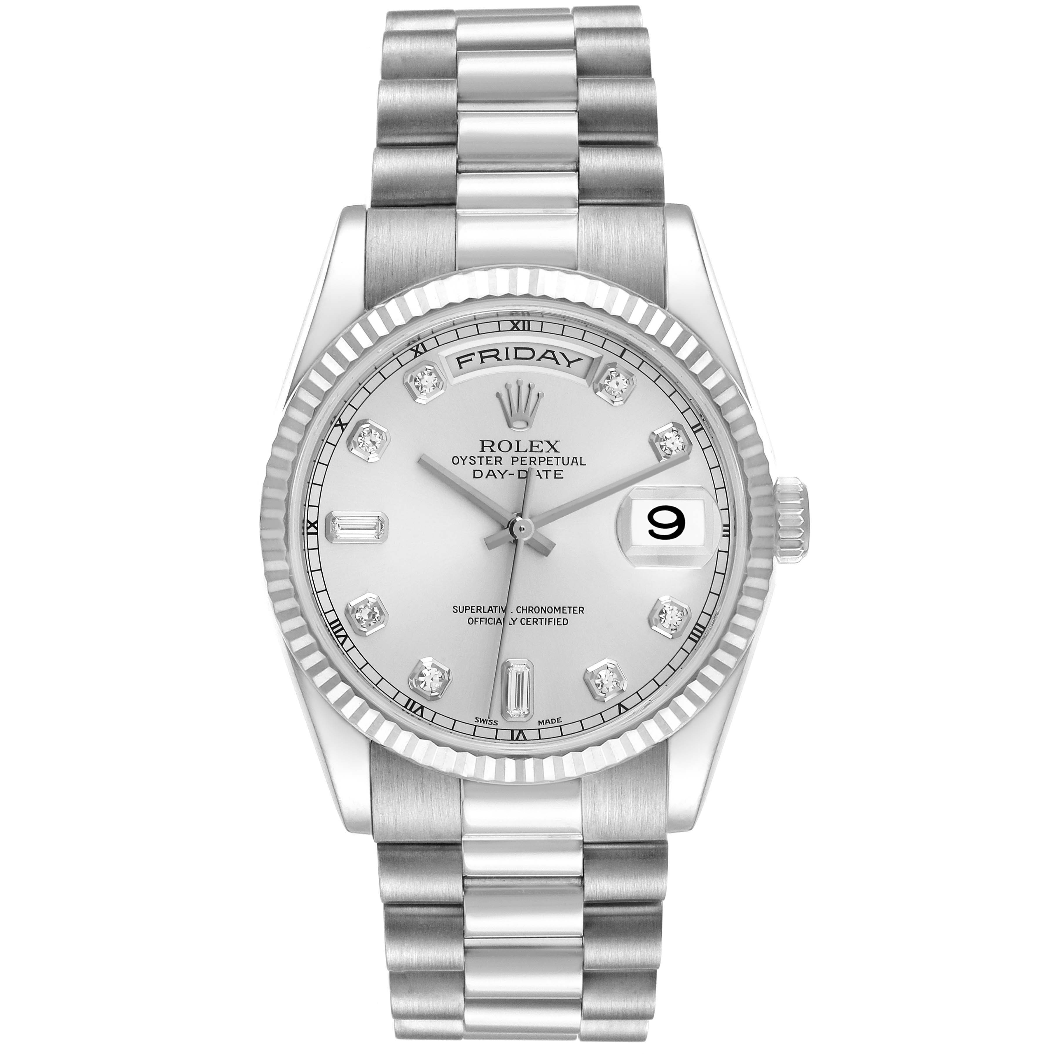 The image shows a front view of the Rolex President 118239 Men's White Gold Silver Dial 118239 Men's White Gold Silver Dial model watch, displaying its face, bracelet, and crown.