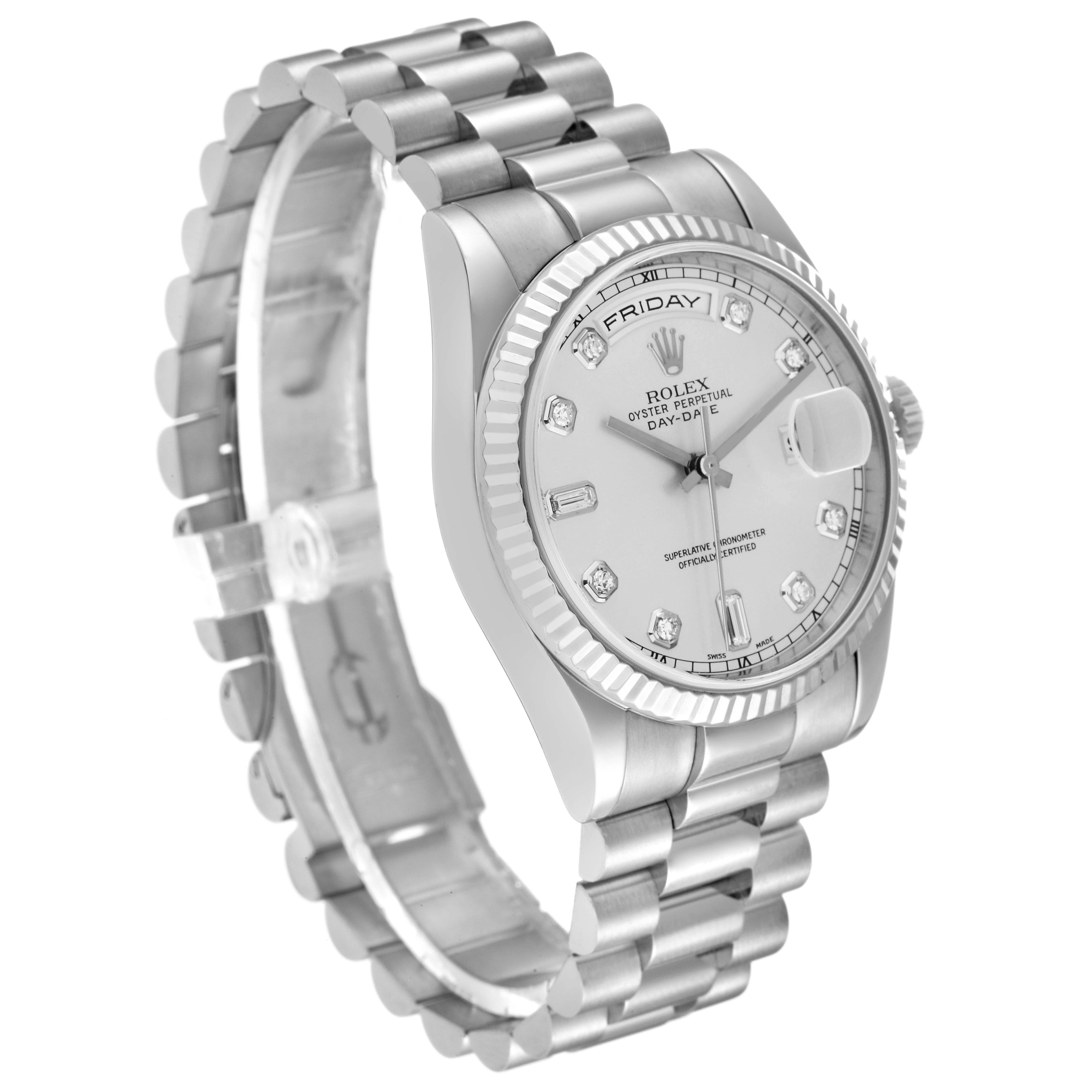 The image shows a side angled view of a Rolex President 118239 Men's White Gold Silver Dial 118239 Men's White Gold Silver Dial model watch, highlighting the face, dial, and bracelet.