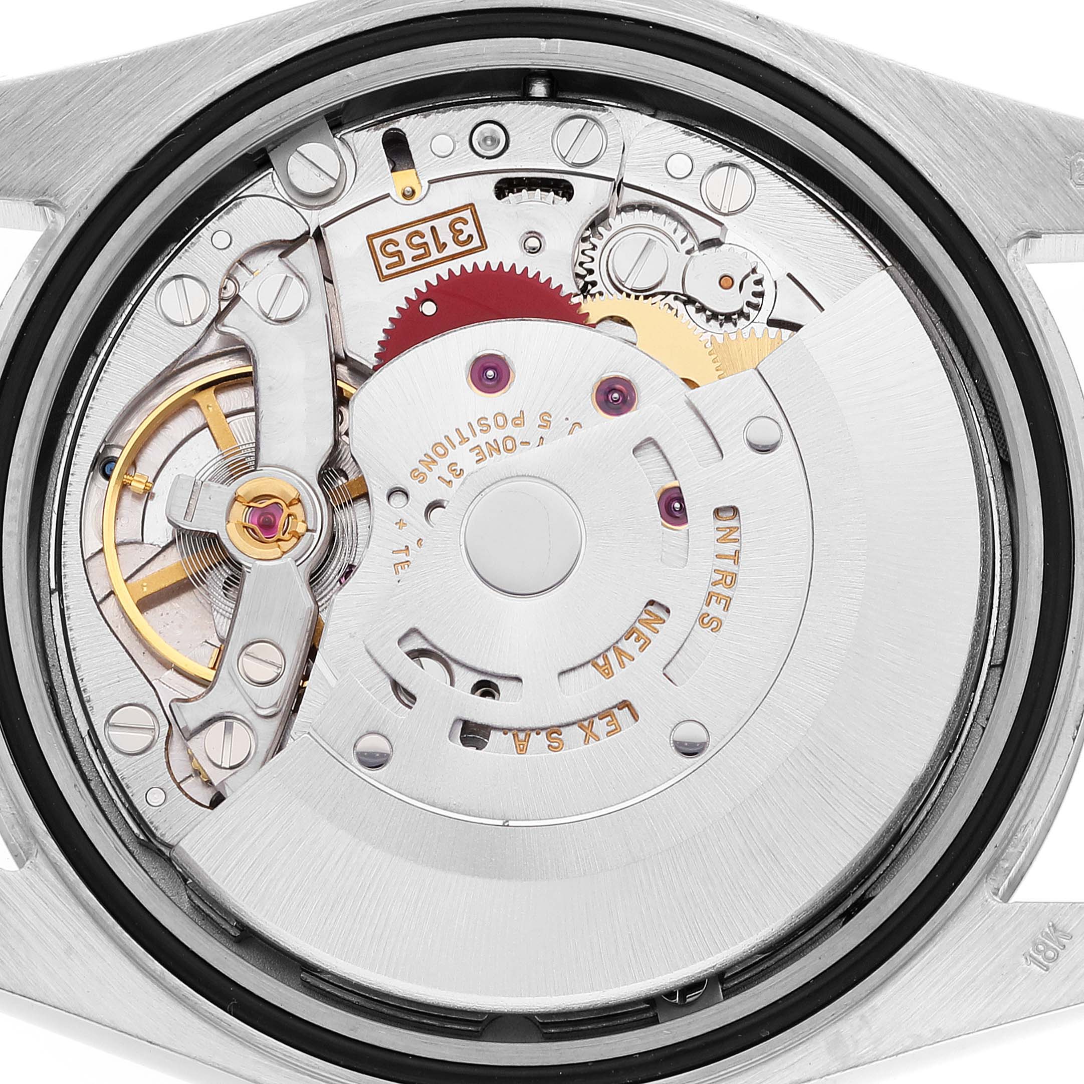 This image shows a close-up of the movement and internal mechanism of the Rolex President 118239 Men's White Gold Silver Dial 118239 Men's White Gold Silver Dial model watch.