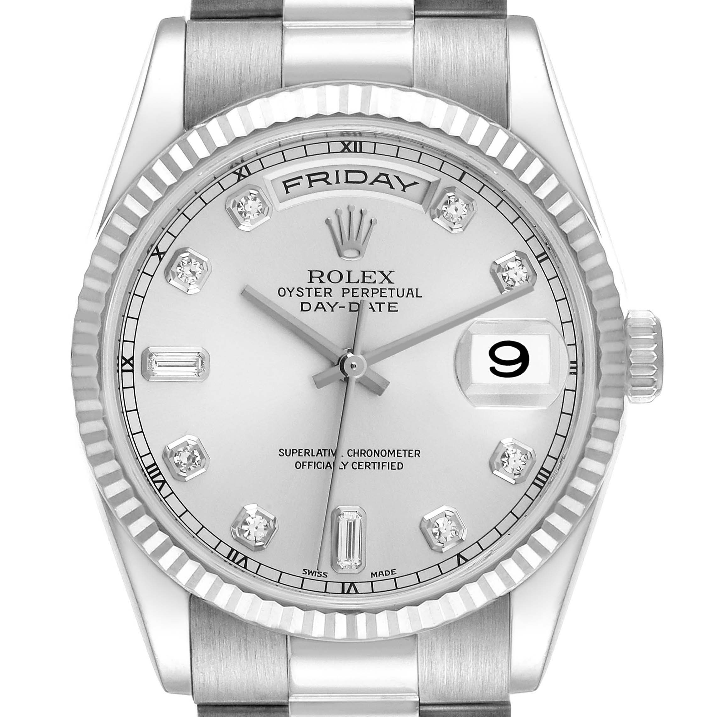 This is a close-up view of the dial and bezel of a Rolex President 118239 Men's White Gold Silver Dial 118239 Men's White Gold Silver Dial model watch, showing the Day-Date and diamond hour markers.