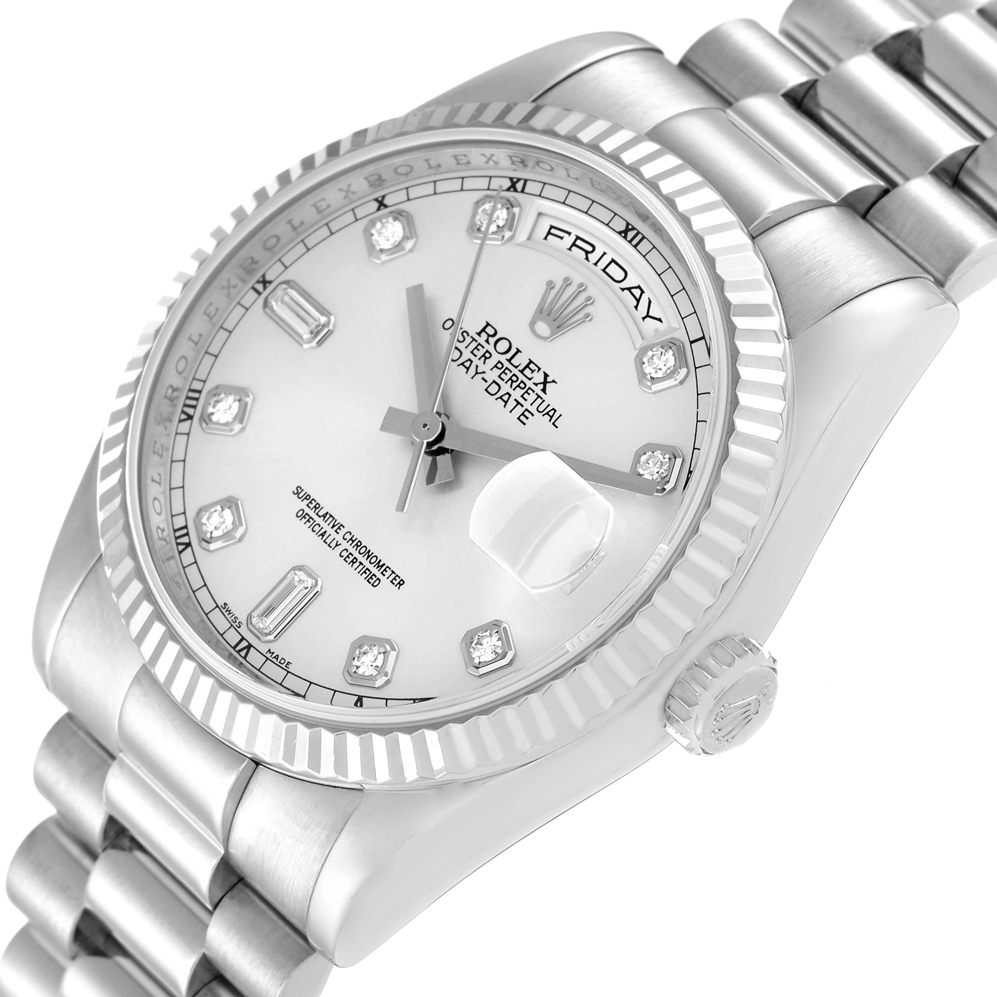 The image shows an angled close-up of the face and bracelet of a Rolex President 118239 Men's White Gold Silver Dial 118239 Men's White Gold Silver Dial model watch, highlighting the day and date features.