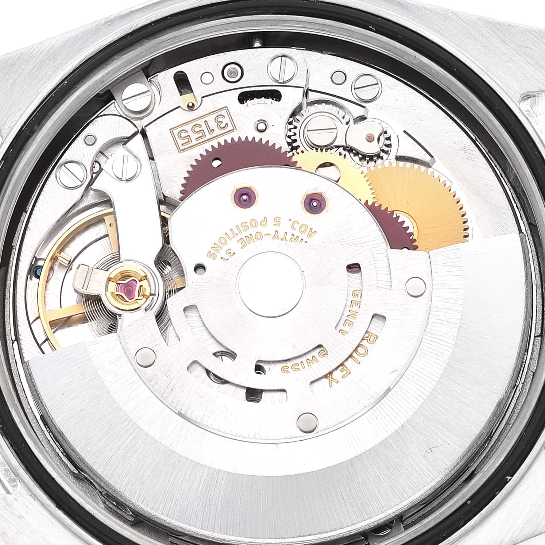 This image shows the inner workings and movement of a Rolex President 118239 Men's White Gold Silver Dial 118239 Men's White Gold Silver Dial model watch from a direct angle.