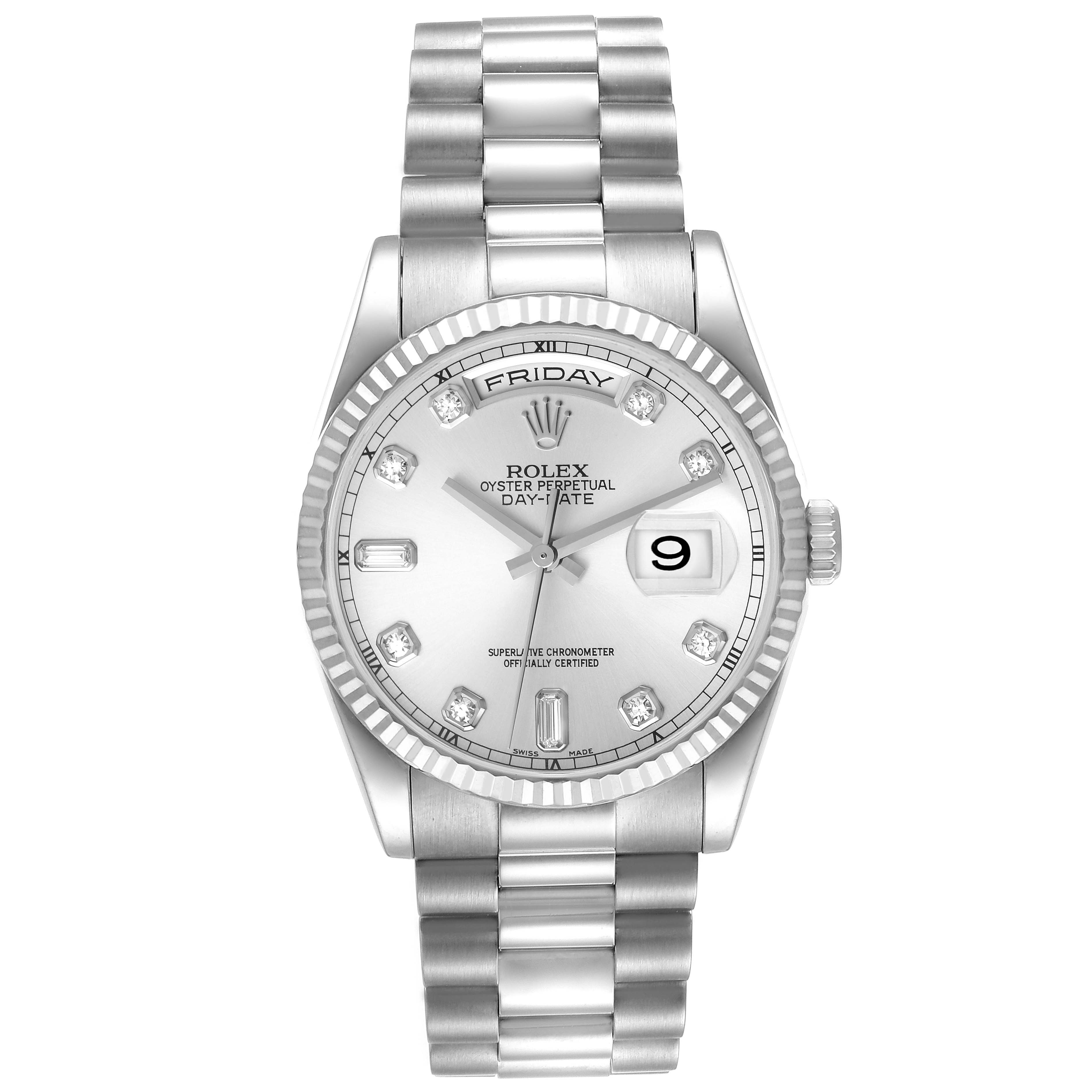 This is a Rolex President 118239 Men's White Gold Silver Dial 118239 Men's White Gold Silver Dial model watch shown from a front angle, displaying its dial, bezel, and bracelet.