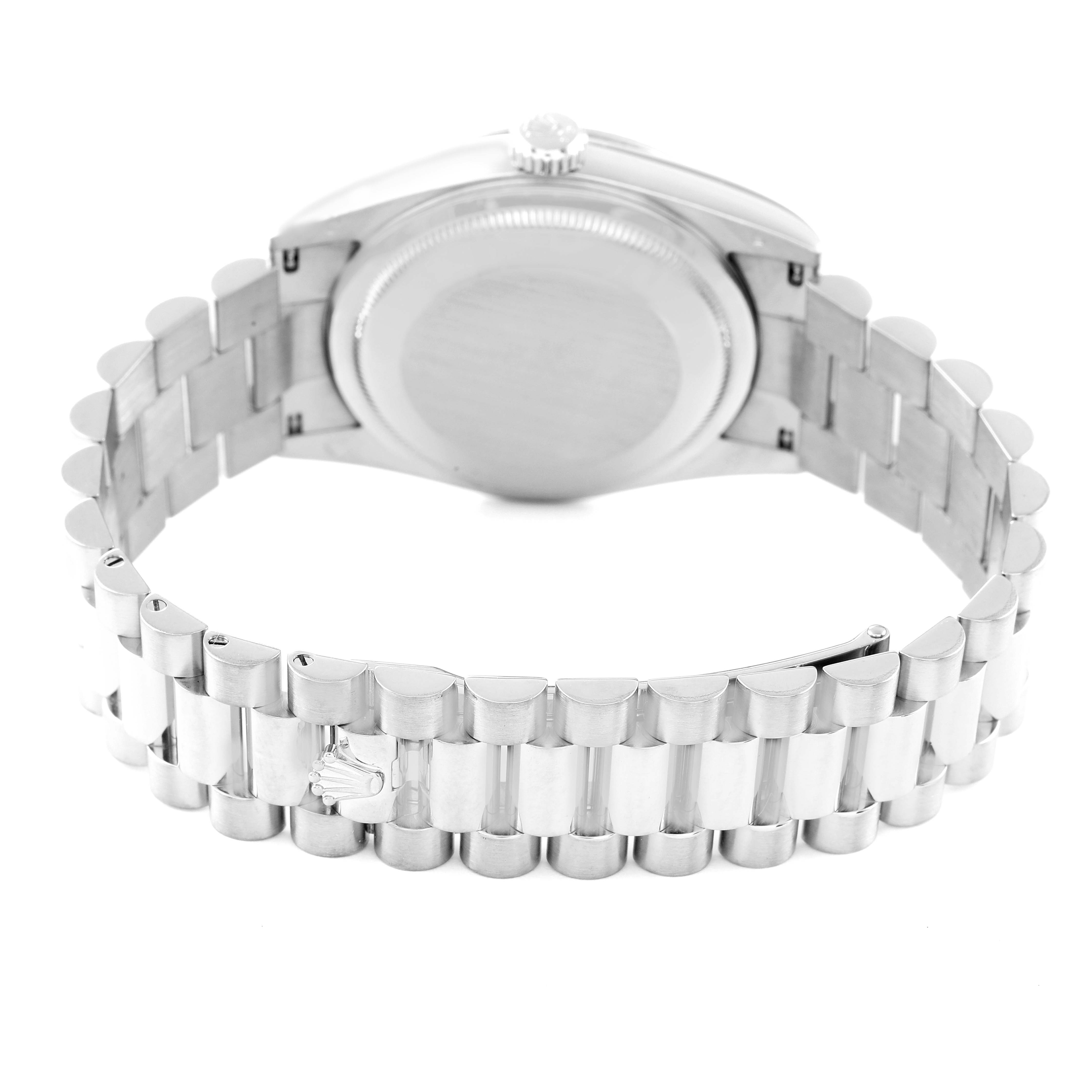 This image shows the backside and bracelet of a Rolex President 118239 Men's White Gold Silver Dial 118239 Men's White Gold Silver Dial model watch, focusing on the case and clasp.