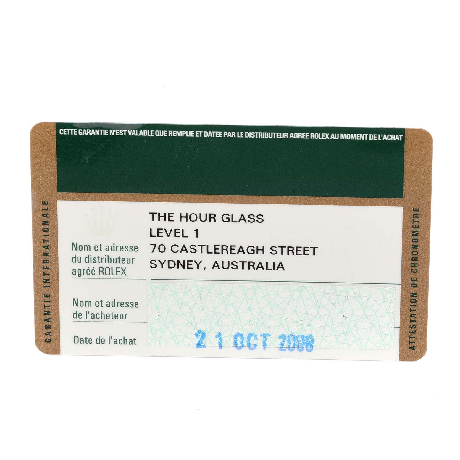 This image shows a warranty card for a Rolex President 118239 Men's White Gold Silver Dial 118239 Men's White Gold Silver Dial model, displaying the dealer's information and purchase date.