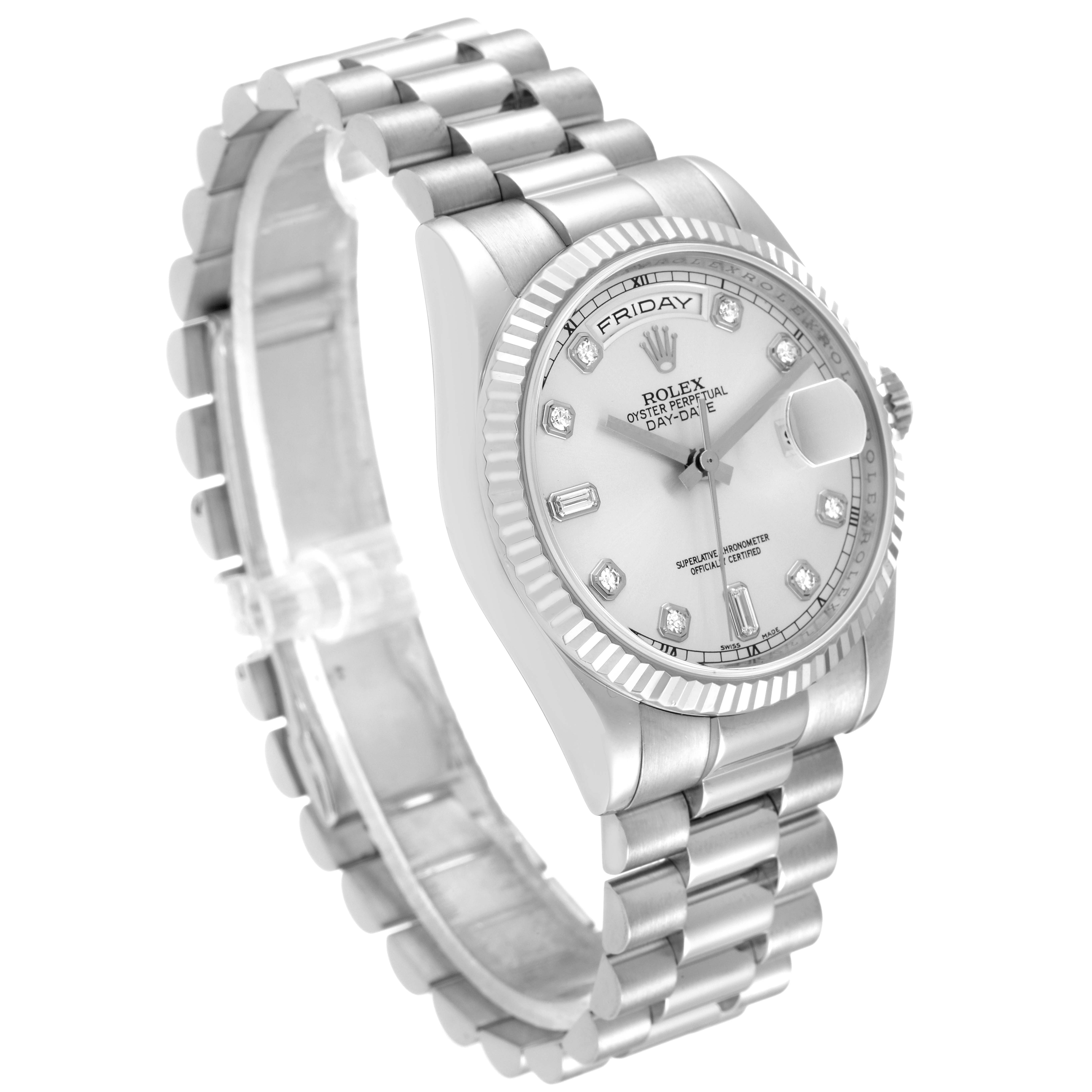 The image shows a Rolex President 118239 Men's White Gold Silver Dial 118239 Men's White Gold Silver Dial model watch angled to display its face, bezel, bracelet, and case.