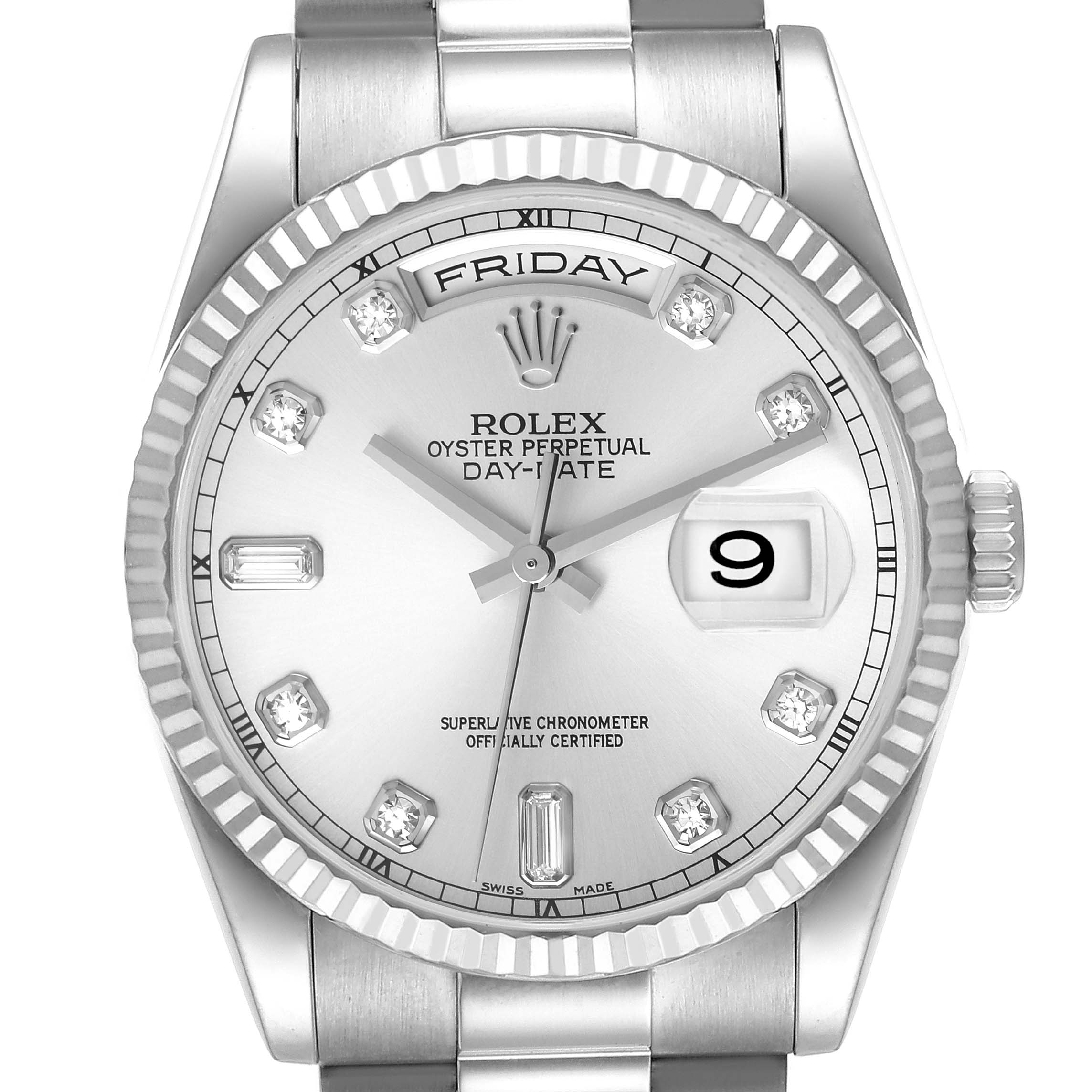 The image shows a front view of the Rolex President 118239 Men's White Gold Silver Dial 118239 Men's White Gold Silver Dial model watch, highlighting its dial, fluted bezel, and bracelet.