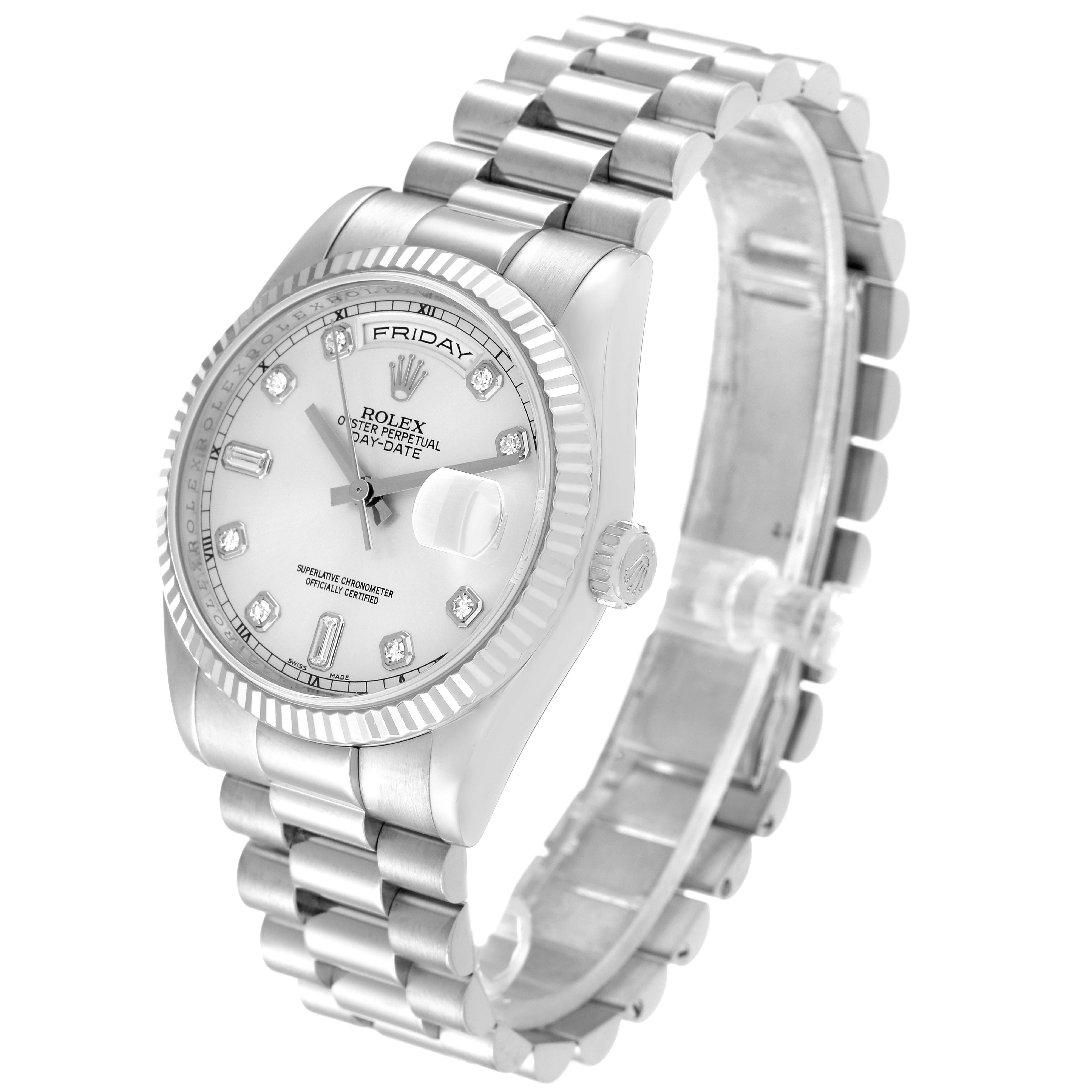 The image shows the face and bracelet of a Rolex President 118239 Men's White Gold Silver Dial 118239 Men's White Gold Silver Dial model watch at a slight angle.