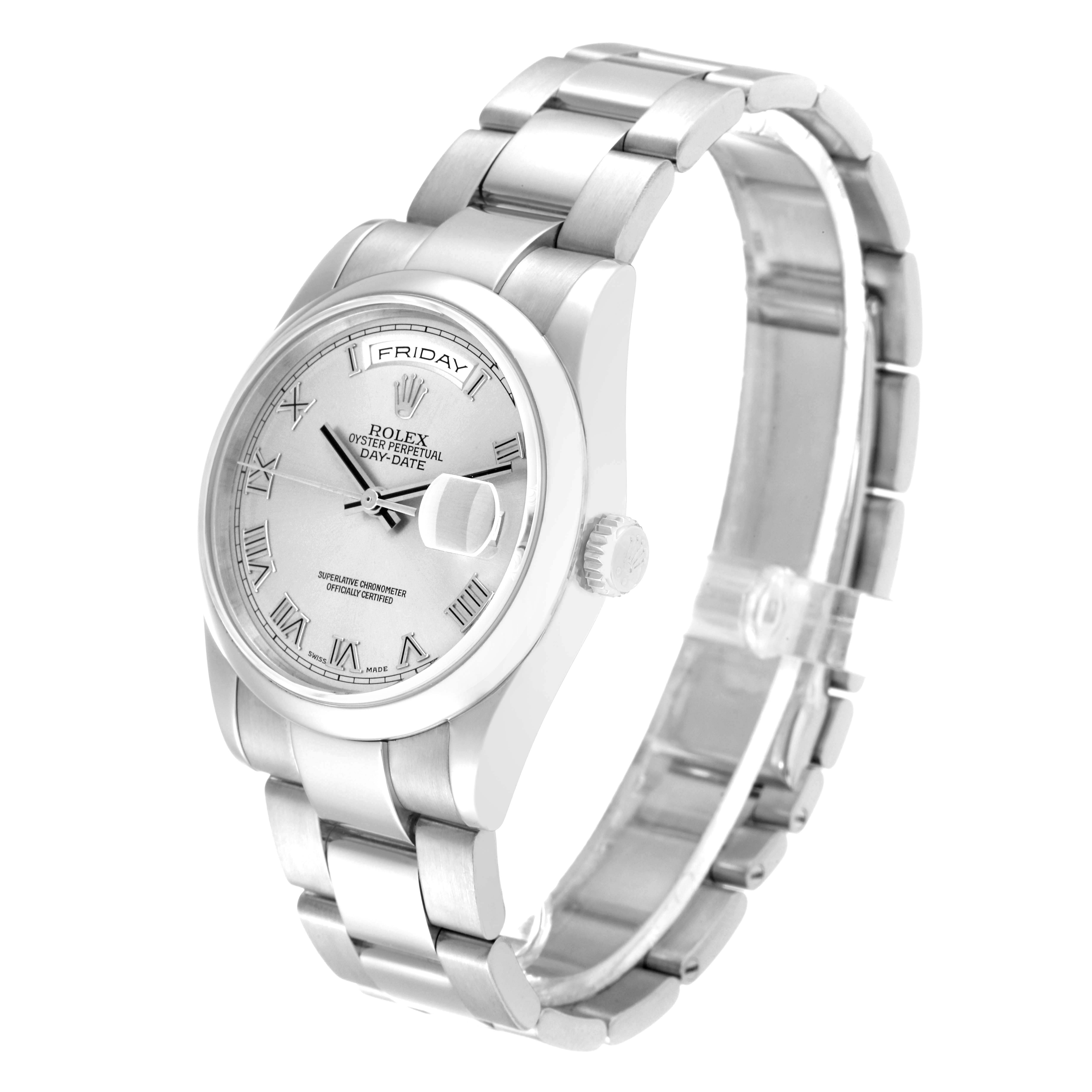 The Rolex President 118209 Men's White Gold Silver Dial model is shown at a three-quarter angle, displaying the dial, bracelet, and crown.