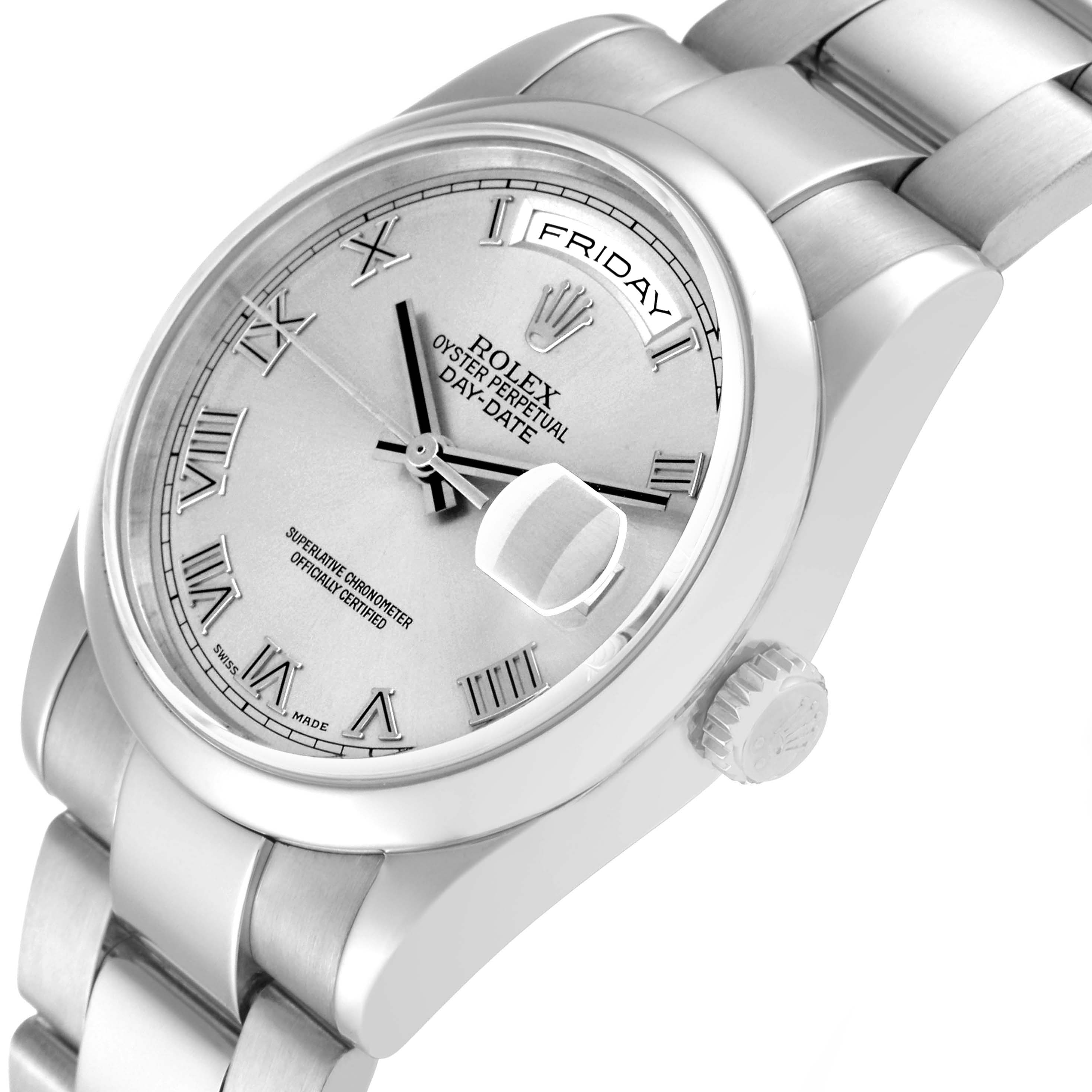 The image shows the Rolex President 118209 Men's White Gold Silver Dial model watch at a three-quarter angle, highlighting the dial, bracelet, crown, and date window.