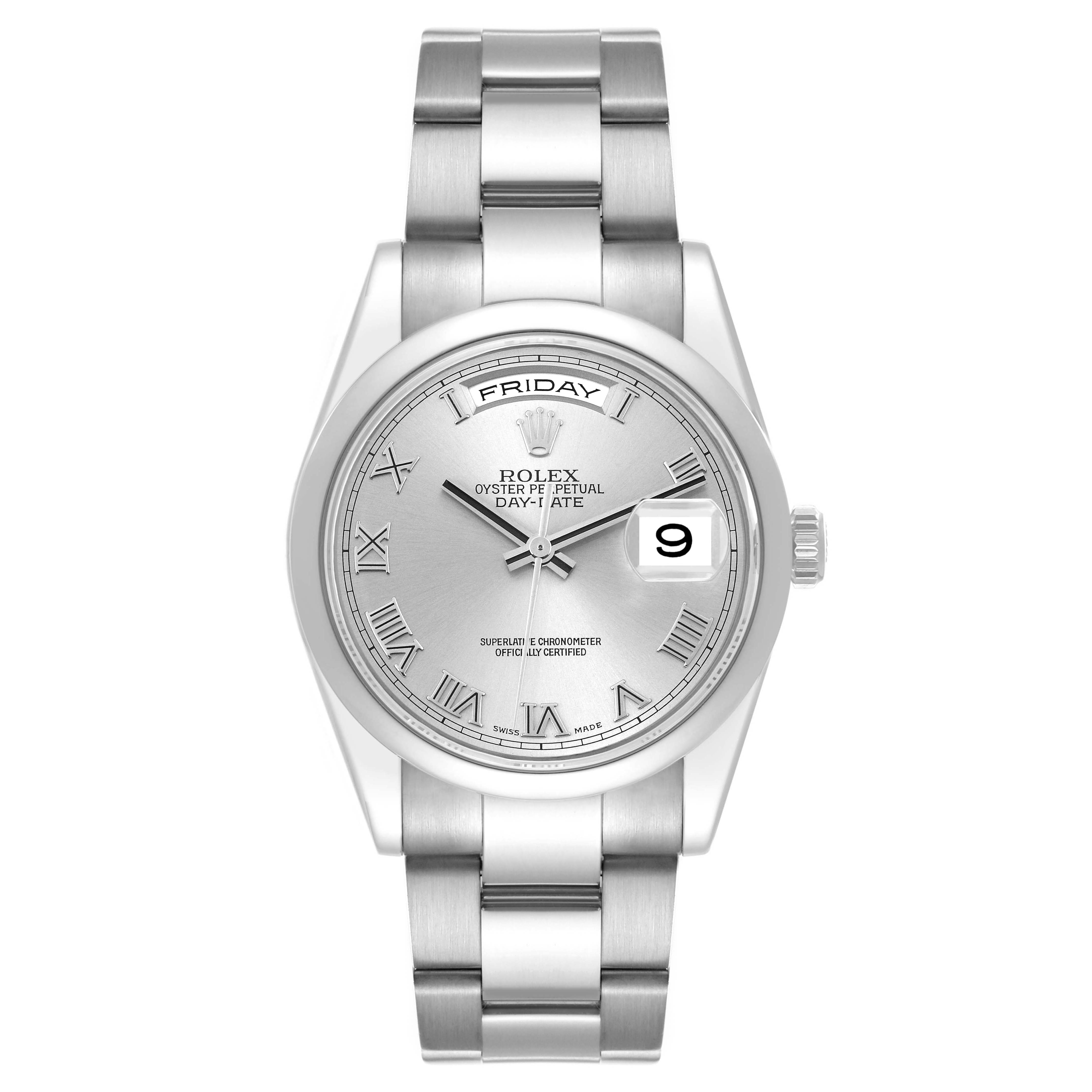 The Rolex President 118209 Men's White Gold Silver Dial model watch is shown from a front view, highlighting the face, bracelet, and crown.