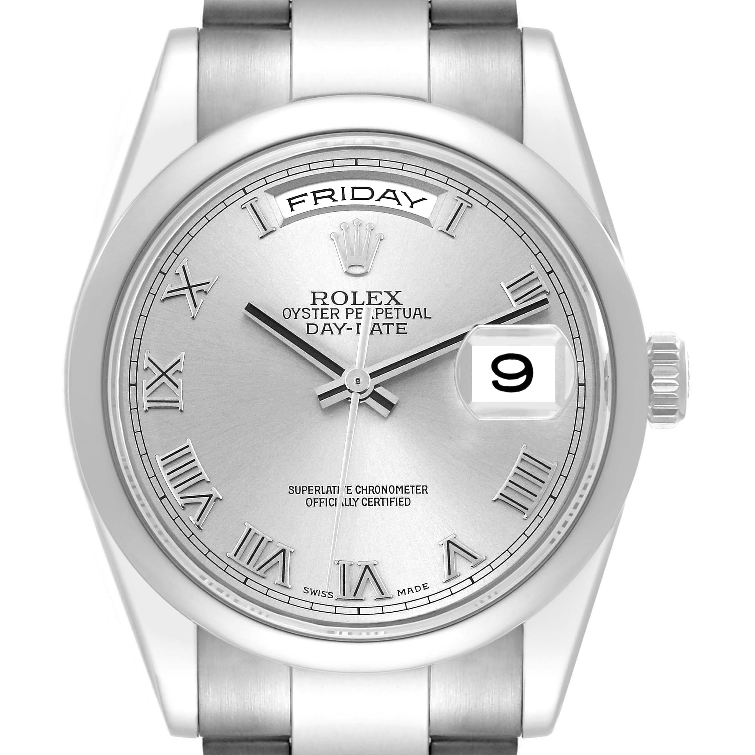 The Rolex President 118209 Men's White Gold Silver Dial model is shown from a front angle, displaying its silver dial, Roman numerals, day, and date features.