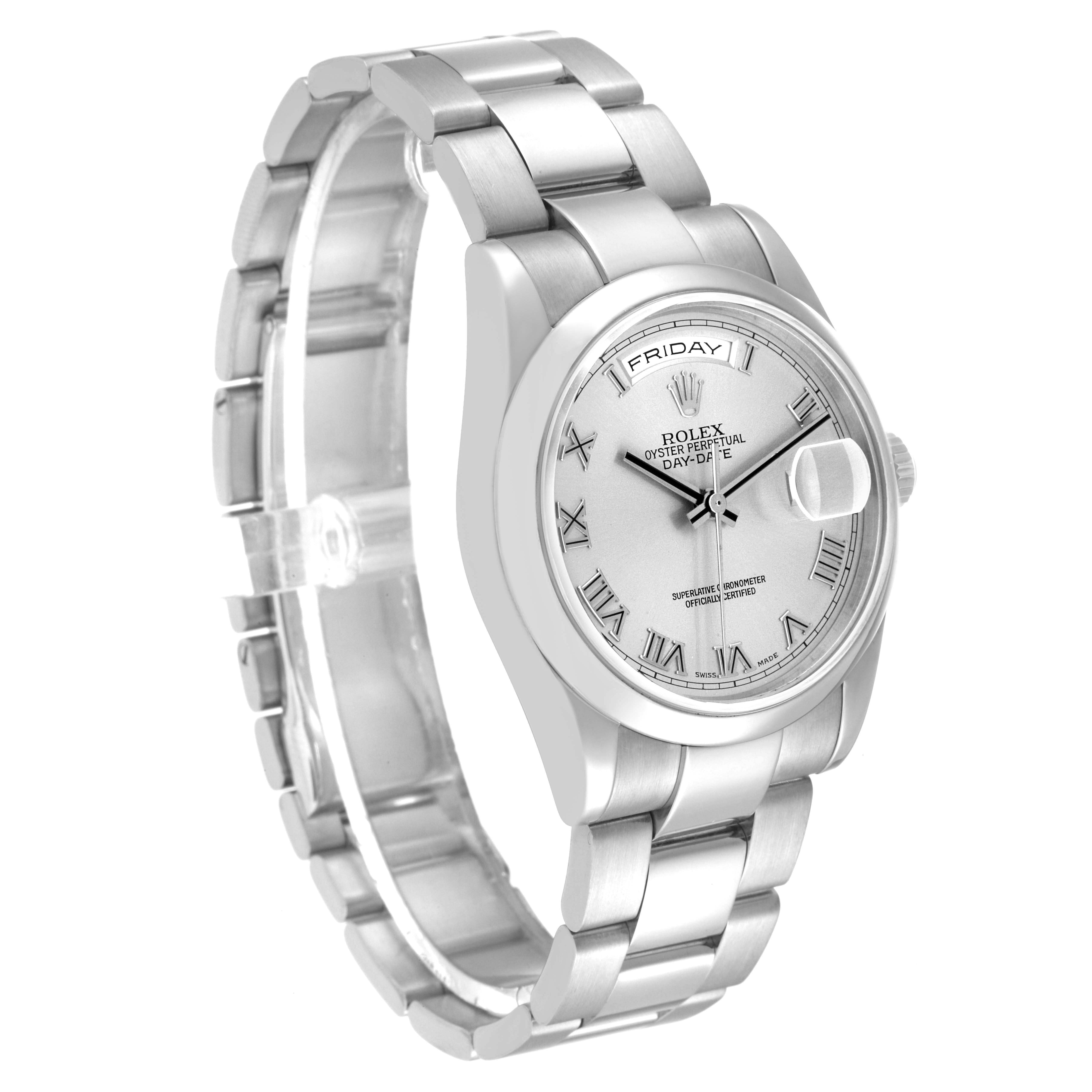 The Rolex President 118209 Men's White Gold Silver Dial model is shown at a three-quarter angle, highlighting the face, bezel, and bracelet.