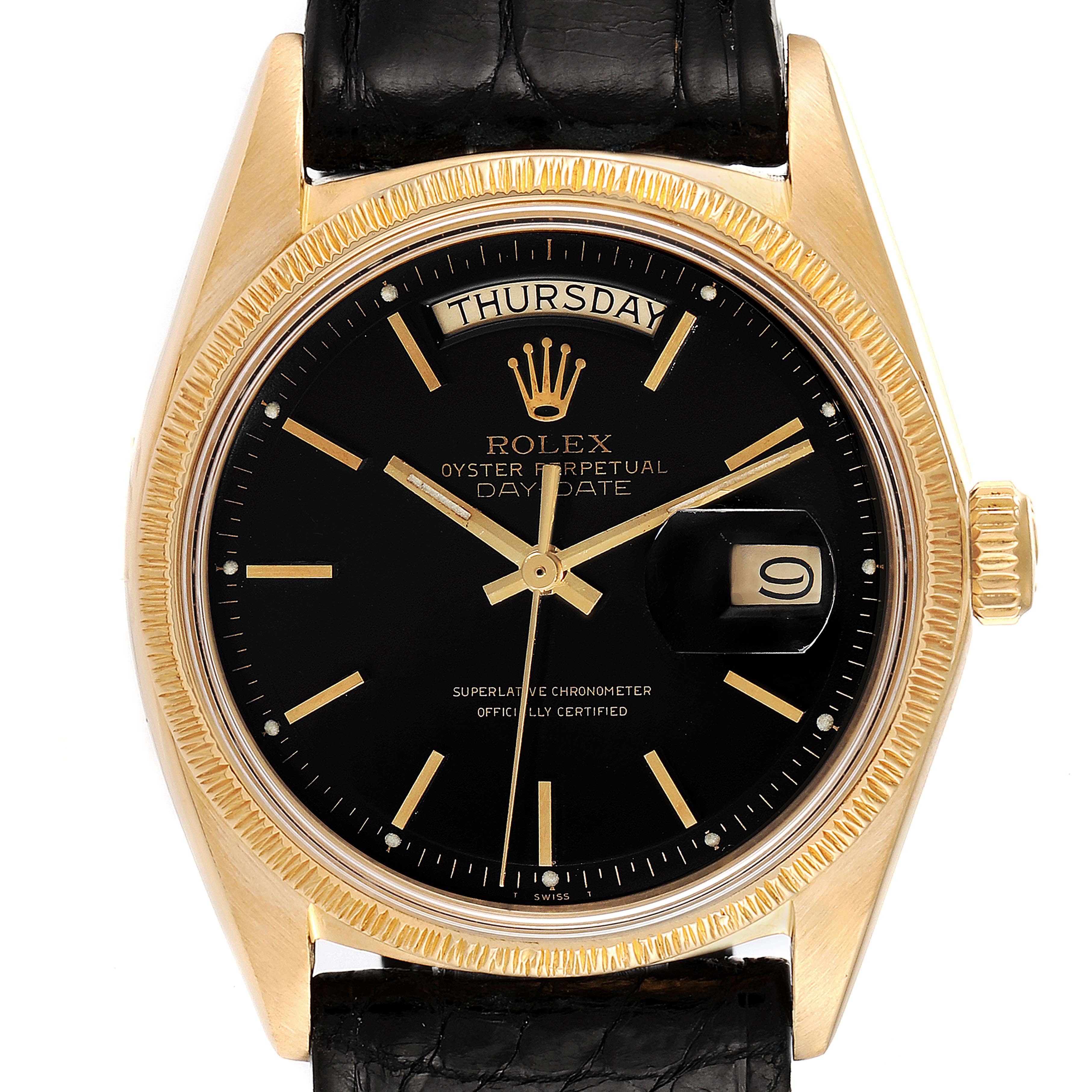 This is a close-up shot of the Rolex President 1807 Men's Yellow Gold Black Dial 1807 Men's Yellow Gold Black Dial model, showcasing the dial, hands, bezel, crown, and part of the strap.