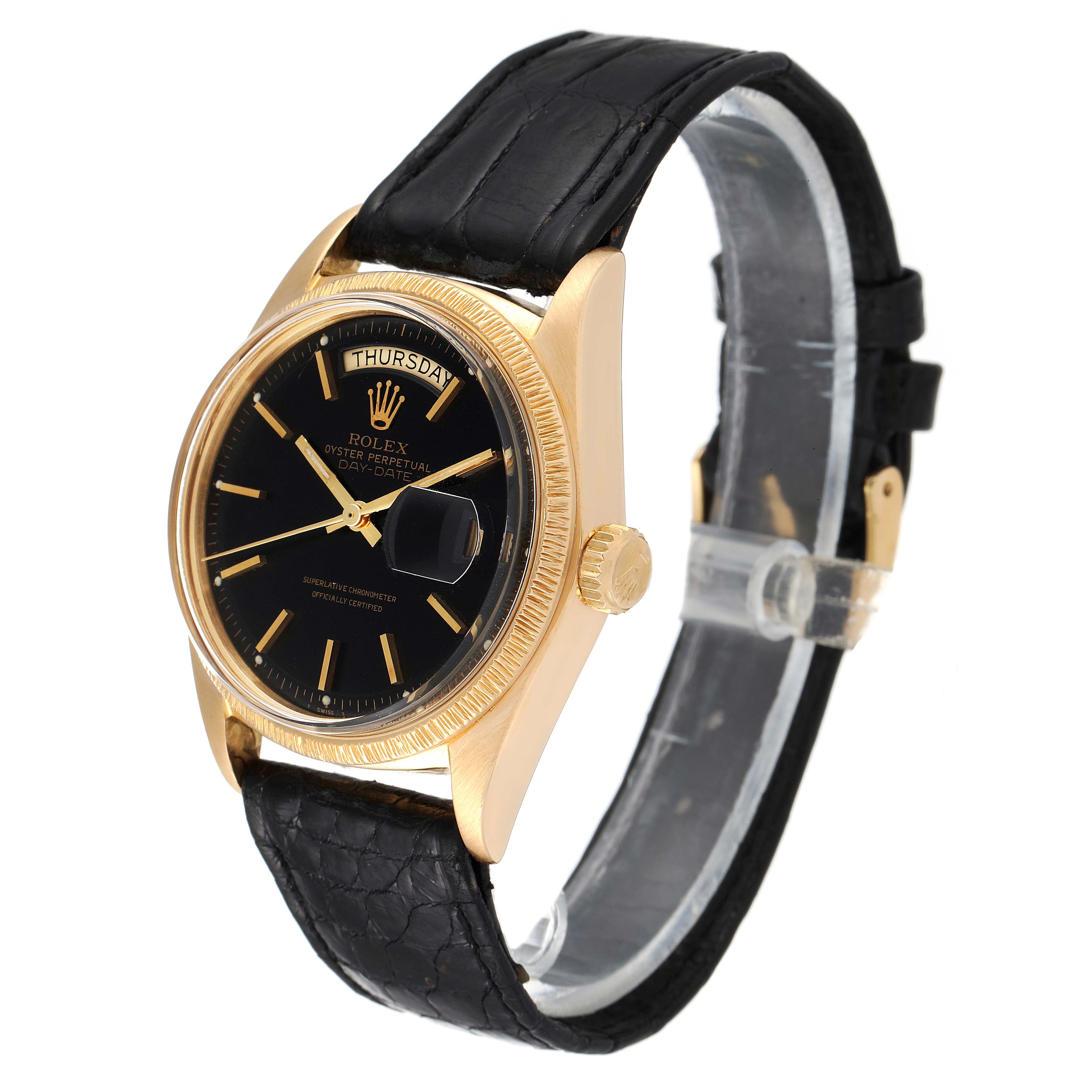 The image shows a side-angle view of a Rolex President 1807 Men's Yellow Gold Black Dial 1807 Men's Yellow Gold Black Dial model watch, highlighting its black dial, gold case, and black leather strap.