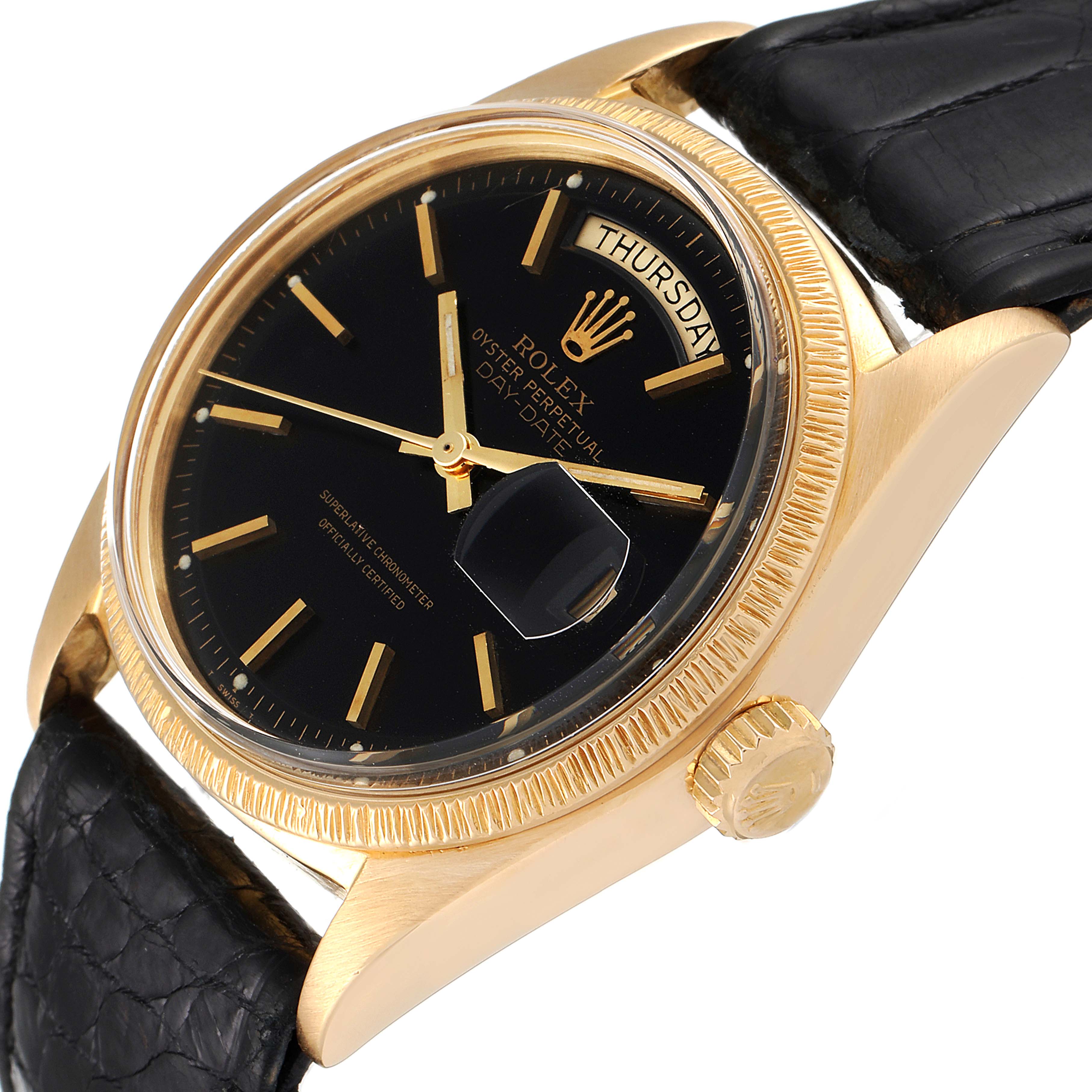 The image shows a close-up angle of the Rolex President 1807 Men's Yellow Gold Black Dial 1807 Men's Yellow Gold Black Dial model watch, highlighting the face, bezel, crown, and leather strap.