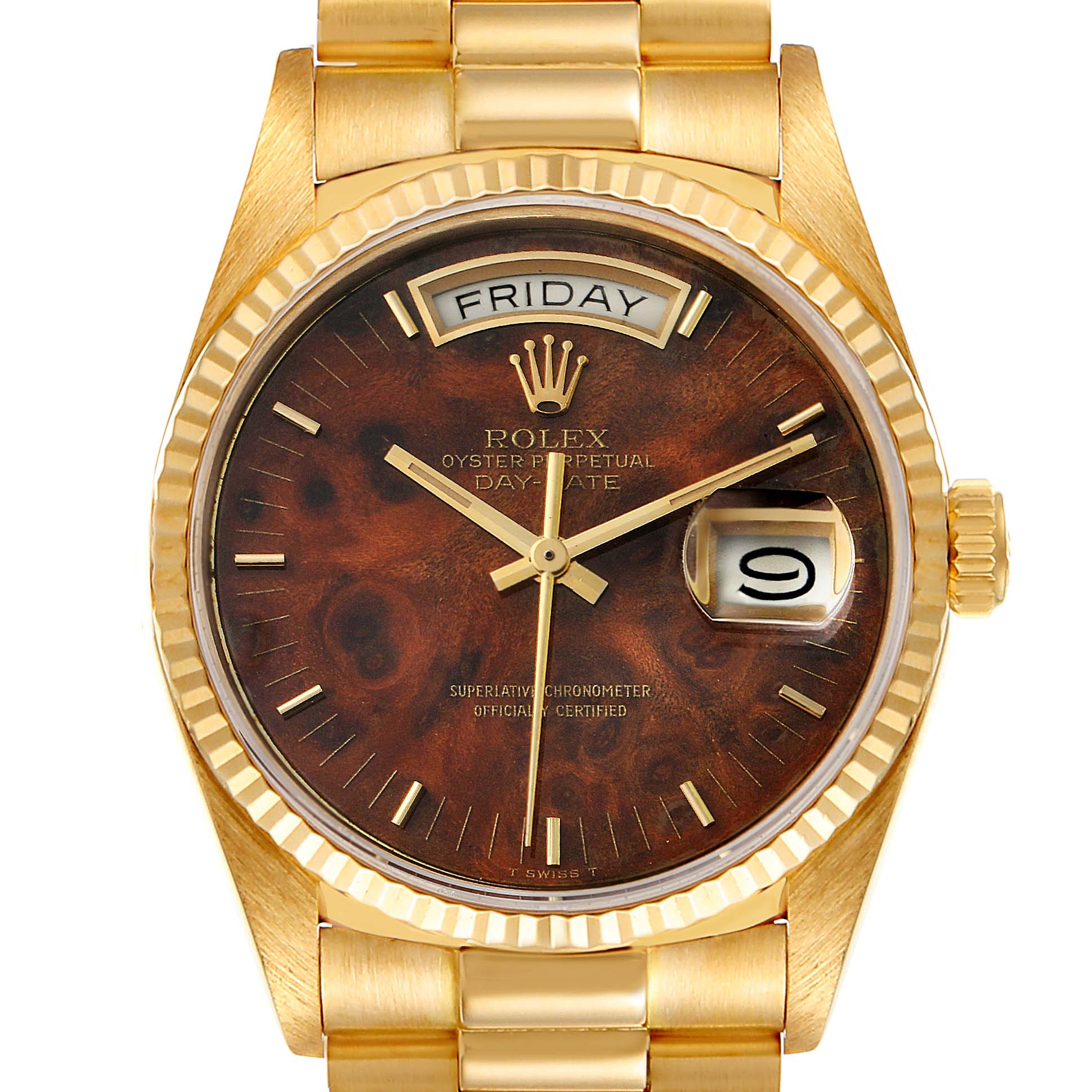 The image shows a front view of the Rolex President 18038 Men's Yellow Gold Brown Dial 18038 Men's Yellow Gold Brown Dial model watch, highlighting its face, dial, date window, and bracelet.