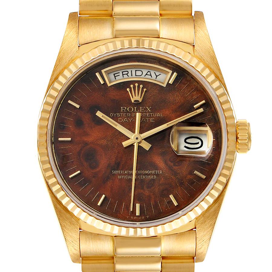 Rolex President Day-Date Yellow Gold Burl Wood Dial Mens Watch 18038 SwissWatchExpo