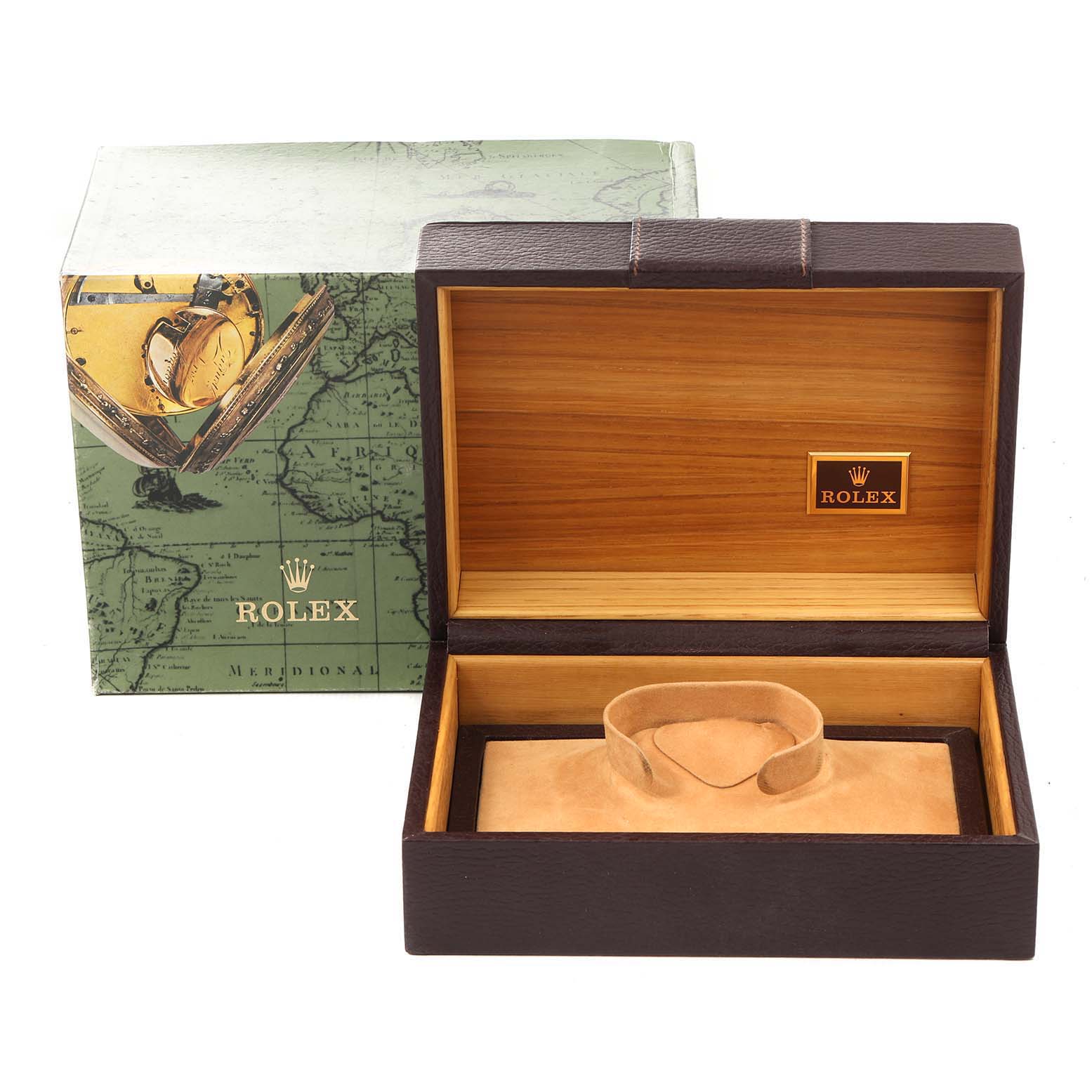 The image shows an open Rolex President 18038 Men's Yellow Gold Brown Dial 18038 Men's Yellow Gold Brown Dial model watch box with the outer packaging.