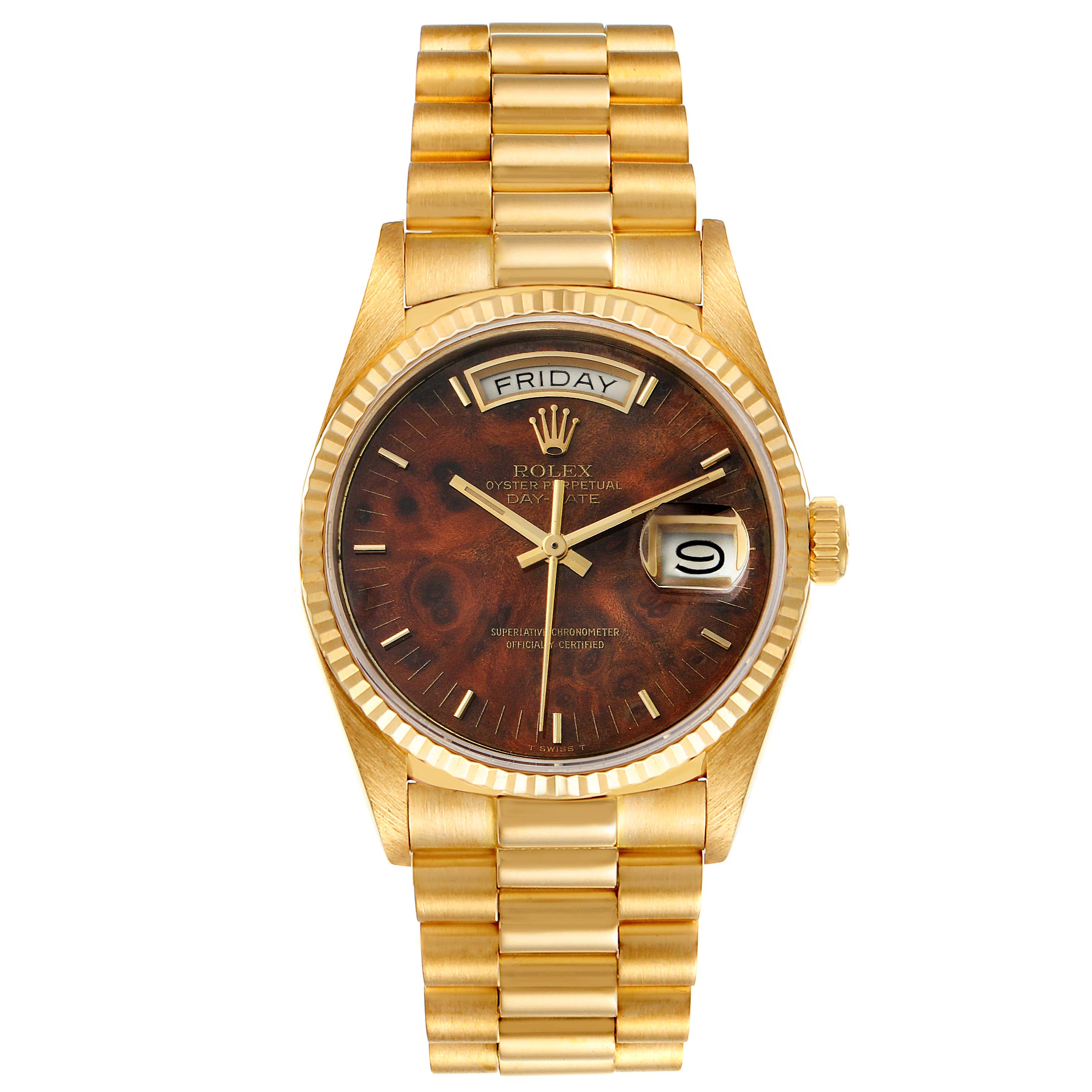 The image shows a Rolex President 18038 Men's Yellow Gold Brown Dial 18038 Men's Yellow Gold Brown Dial model watch from a top-down angle, highlighting the face, day-date features, and the gold bracelet.
