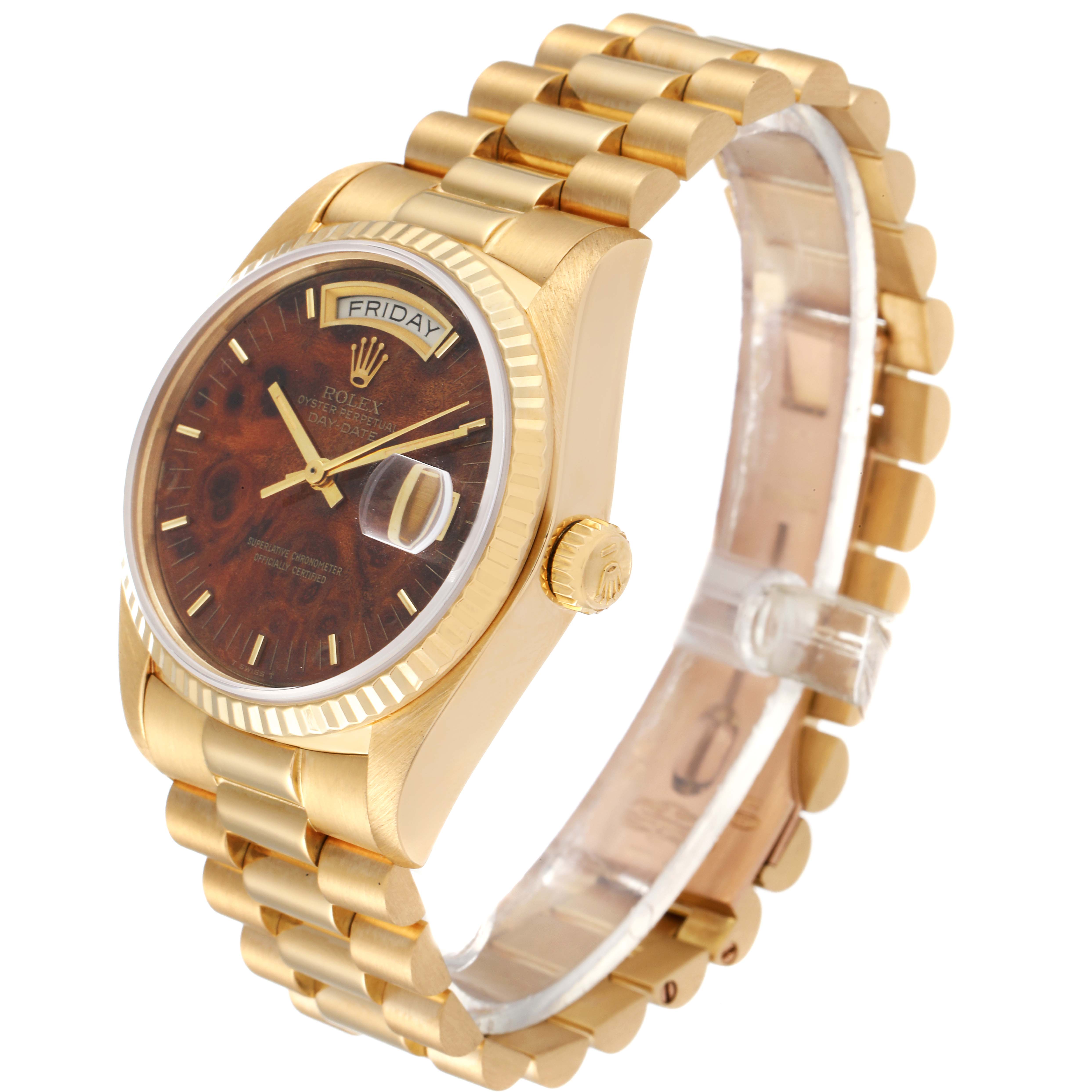 This Rolex President 18038 Men's Yellow Gold Brown Dial 18038 Men's Yellow Gold Brown Dial model watch is shown at an angle highlighting the watch face, bracelet, and crown.