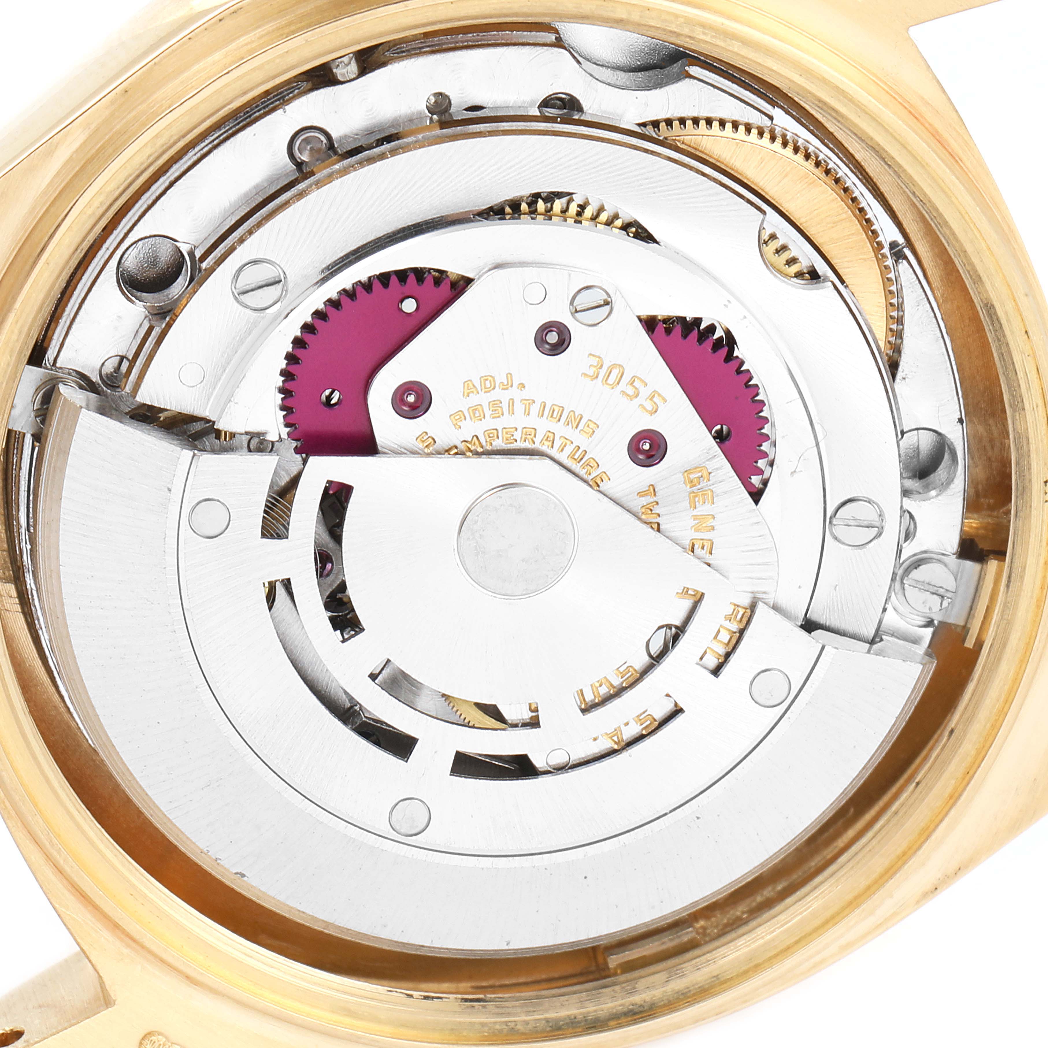 This image shows a close-up of the movement mechanism of a Rolex President 18038 Men's Yellow Gold Brown Dial 18038 Men's Yellow Gold Brown Dial model watch.