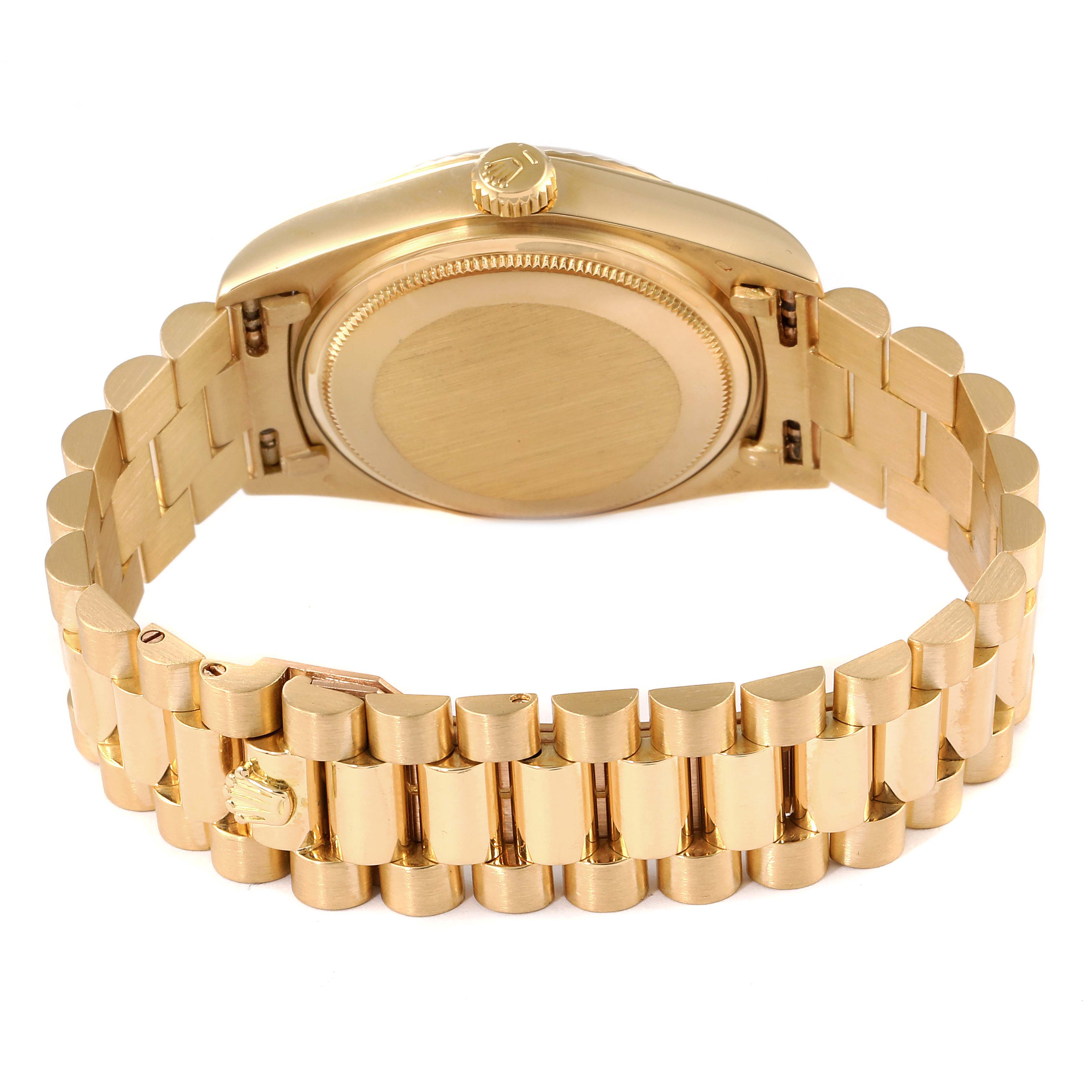 This Rolex President 18038 Men's Yellow Gold Brown Dial 18038 Men's Yellow Gold Brown Dial model watch is shown from the back, highlighting the bracelet, clasp, and case back.