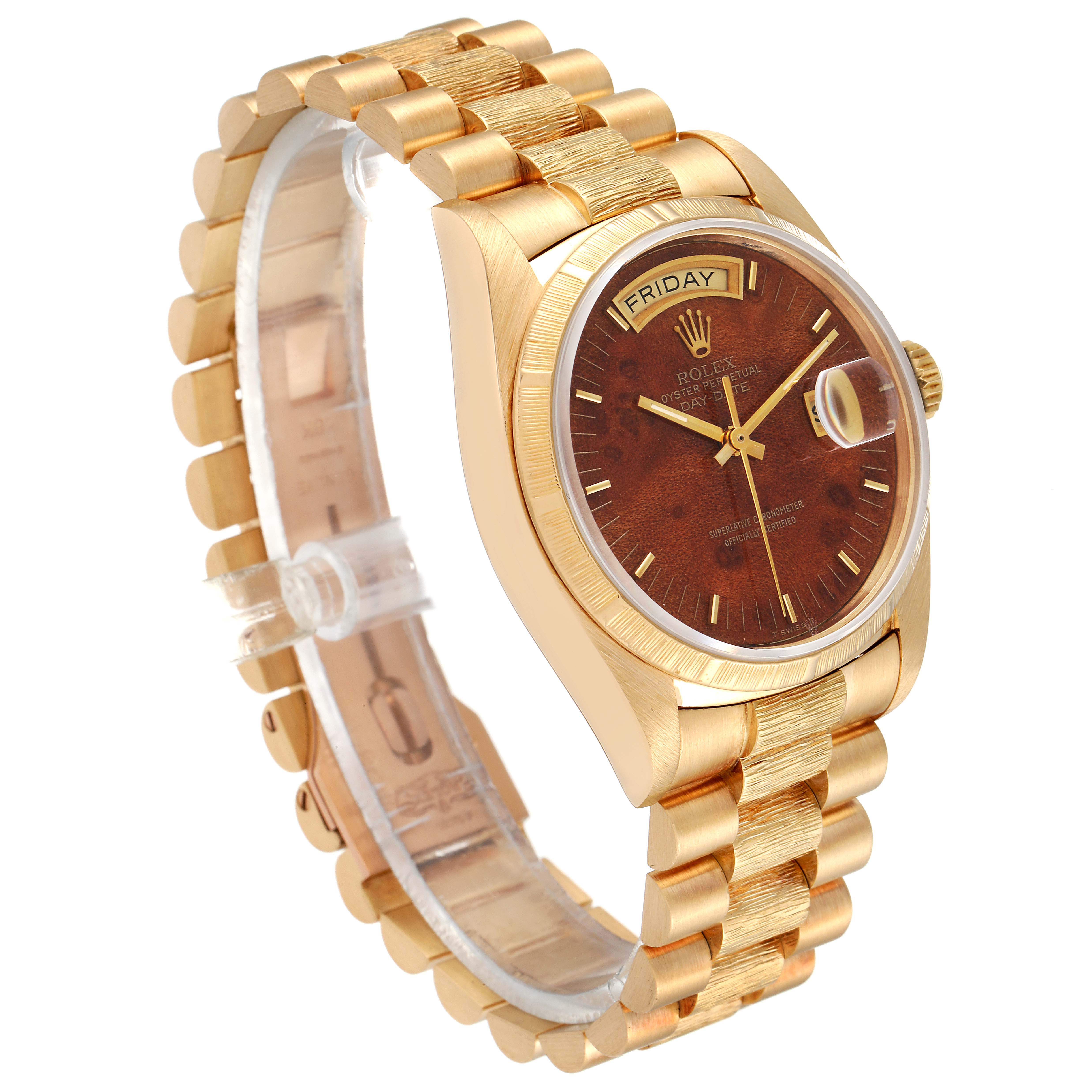 This Rolex President 18038 Men's Yellow Gold Brown Dial 18038 Men's Yellow Gold Brown Dial model watch is shown at a slight angle, displaying the face, bezel, crown, and bracelet.