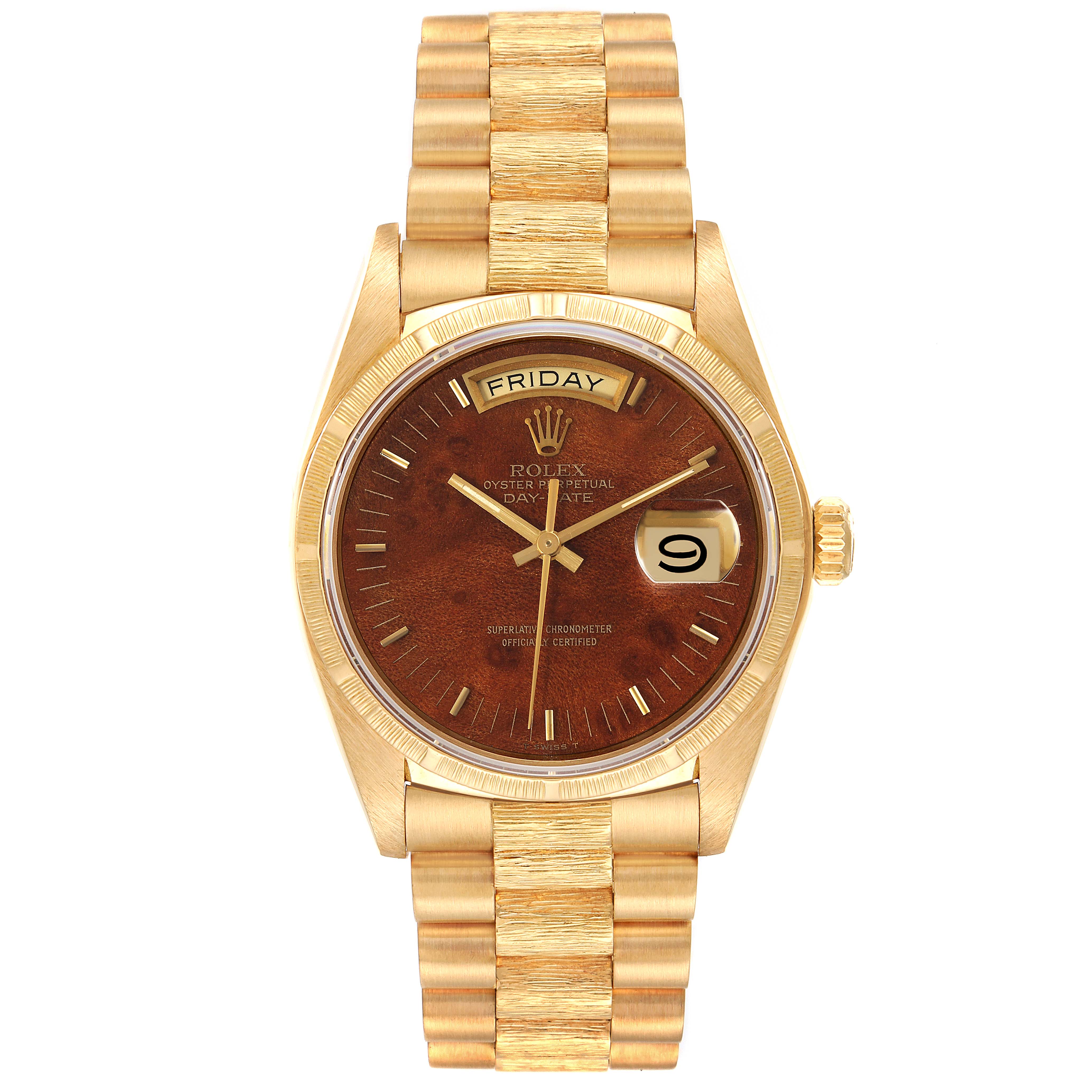 The Rolex President 18038 Men's Yellow Gold Brown Dial 18038 Men's Yellow Gold Brown Dial model watch is shown from a front angle, featuring its bracelet, dial, day and date indicators, and crown.