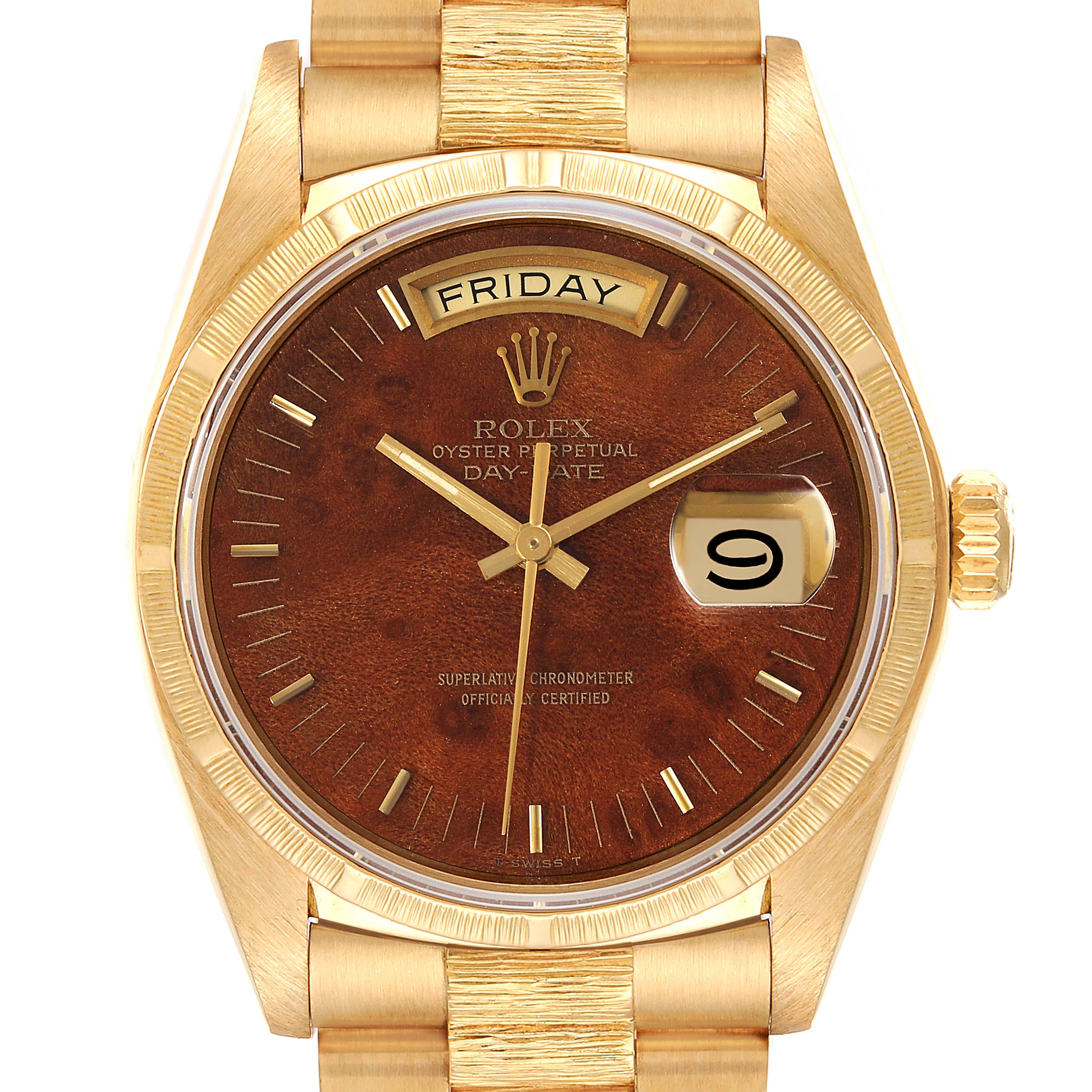 This image shows a close-up front view of a Rolex President 18038 Men's Yellow Gold Brown Dial 18038 Men's Yellow Gold Brown Dial model watch, highlighting the dial, day-date display, and part of the bracelet.