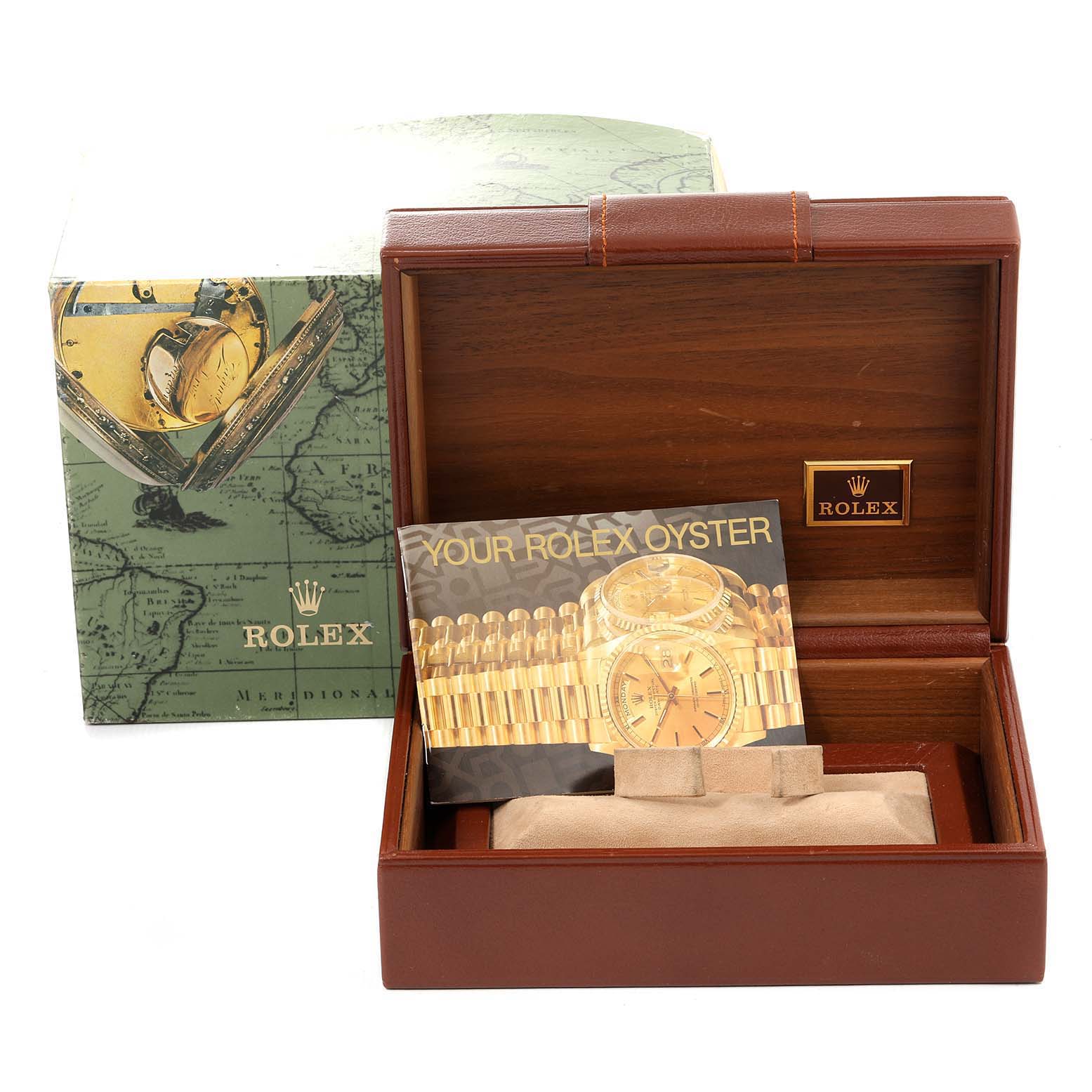 The image shows the packaging and accessories for a Rolex President 18038 Men's Yellow Gold Brown Dial 18038 Men's Yellow Gold Brown Dial model watch, including a box and informational booklet.