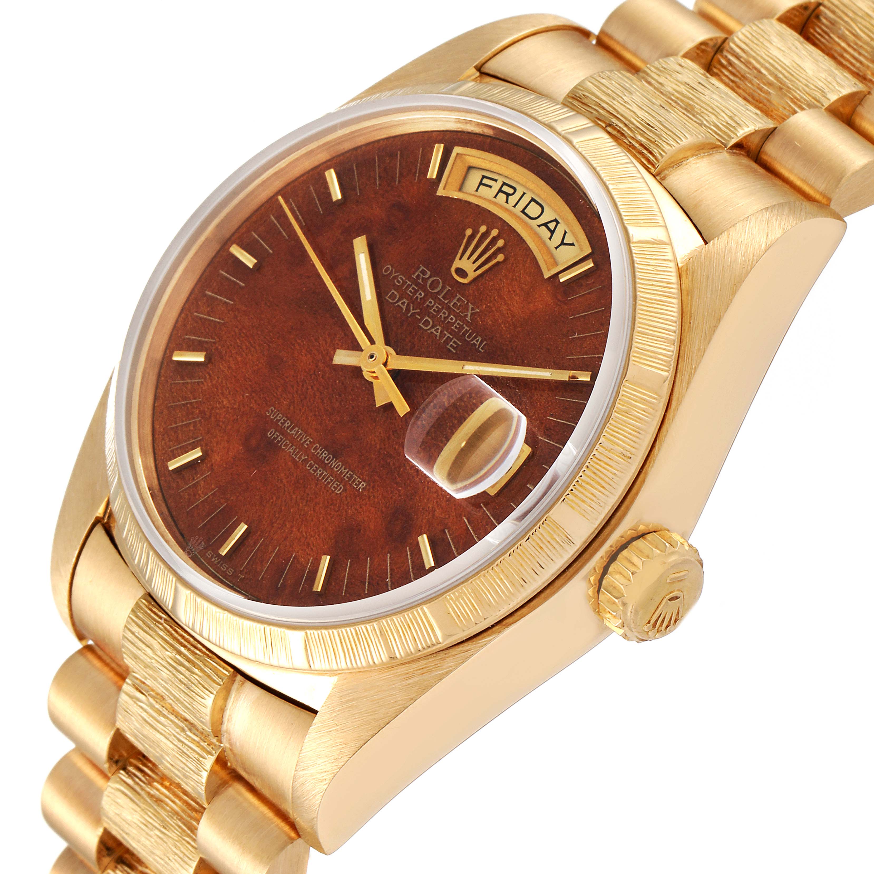 The image shows a Rolex President 18038 Men's Yellow Gold Brown Dial 18038 Men's Yellow Gold Brown Dial watch angled to display the dial, day-date window, crown, and part of the bracelet.