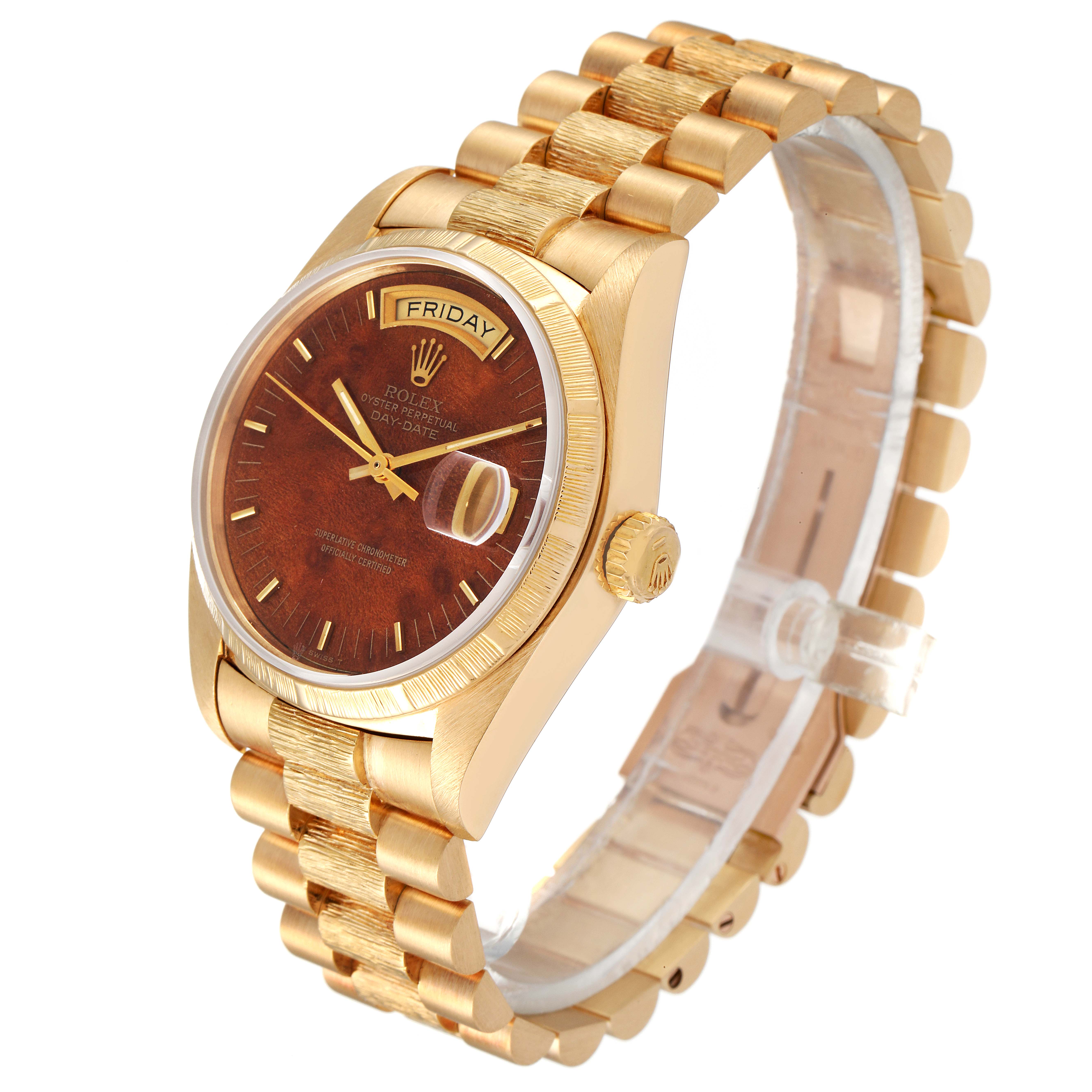 The image shows a Rolex President 18038 Men's Yellow Gold Brown Dial 18038 Men's Yellow Gold Brown Dial model watch at an angle highlighting the face, bezel, and bracelet.