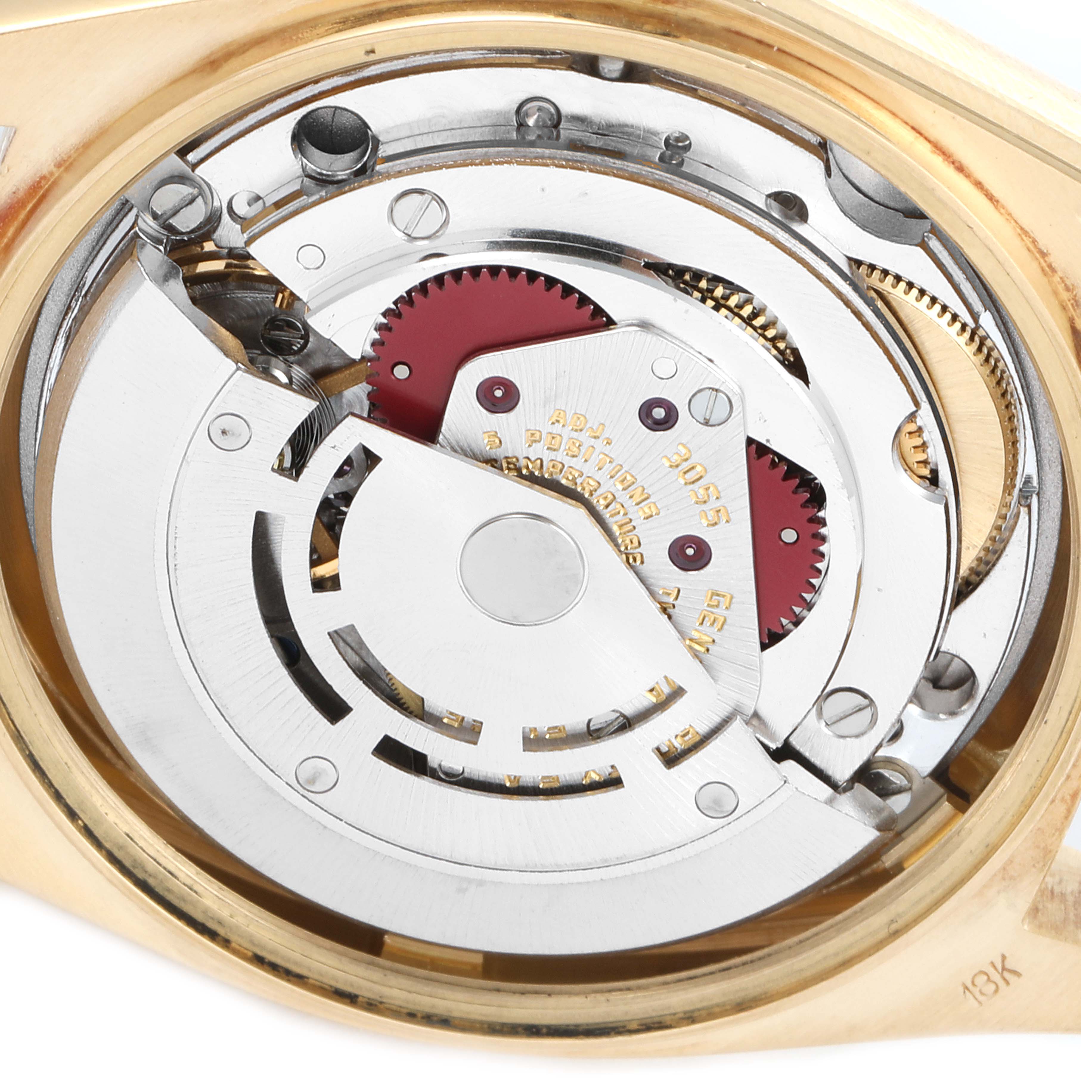 The image shows the movement mechanism of the Rolex President 18038 Men's Yellow Gold Brown Dial 18038 Men's Yellow Gold Brown Dial model watch from a close-up, internal angle.