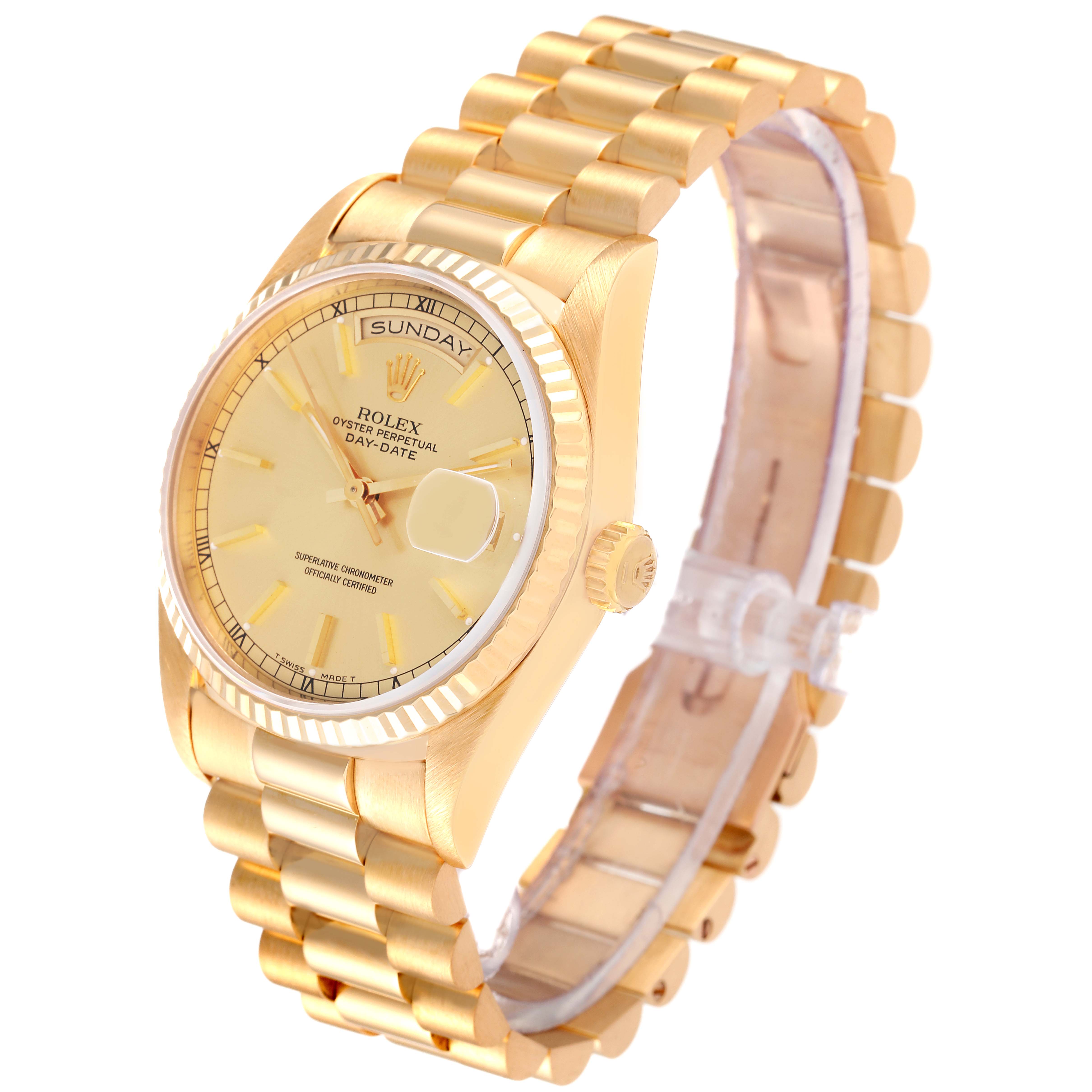 The Rolex President 18238 Men
s Yellow Gold Champagne Dial 18238 Men
s Yellow Gold Champagne Dial model watch is shown at an angle, highlighting its gold bracelet, crown, and detailed dial.