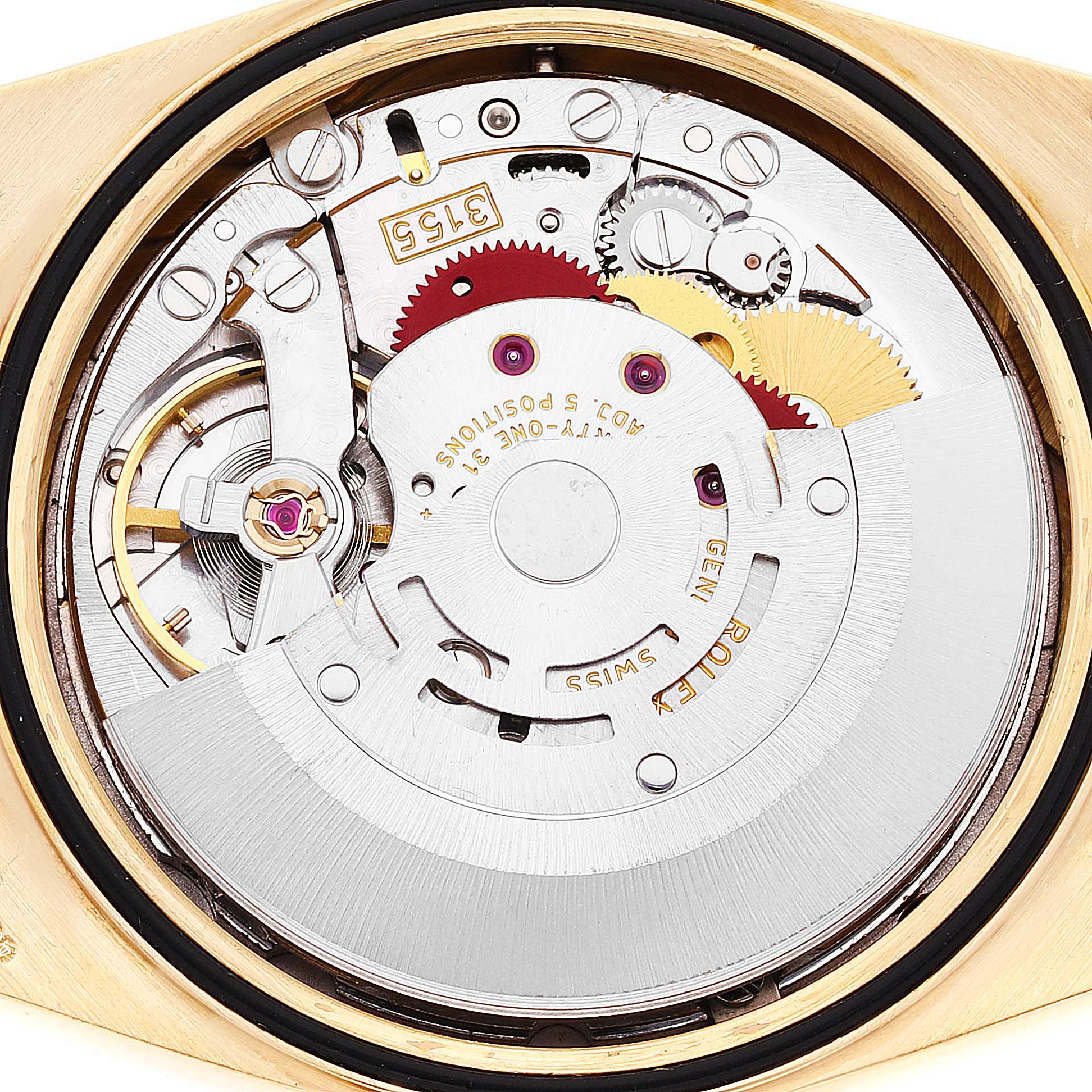 This image shows the internal movement mechanism of a Rolex President 18238 Men
s Yellow Gold Champagne Dial 18238 Men
s Yellow Gold Champagne Dial model watch from a top-down angle.